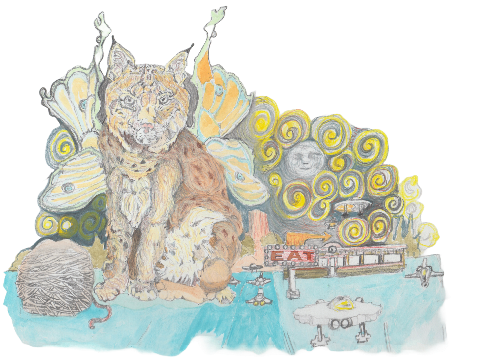 Bobcat Dragon hovering over an ancient pre-human civilization.