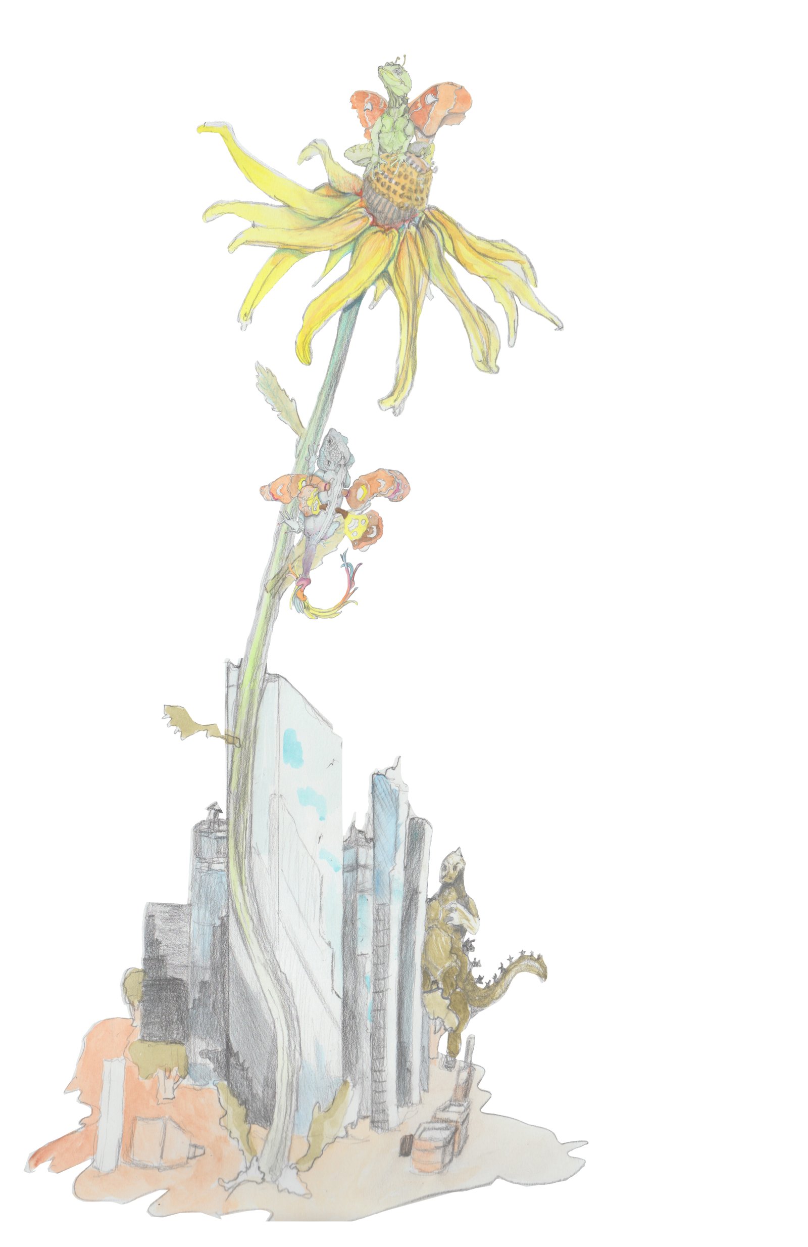 Finished illustration of dragons on a giant daisy towering above an ancient city.