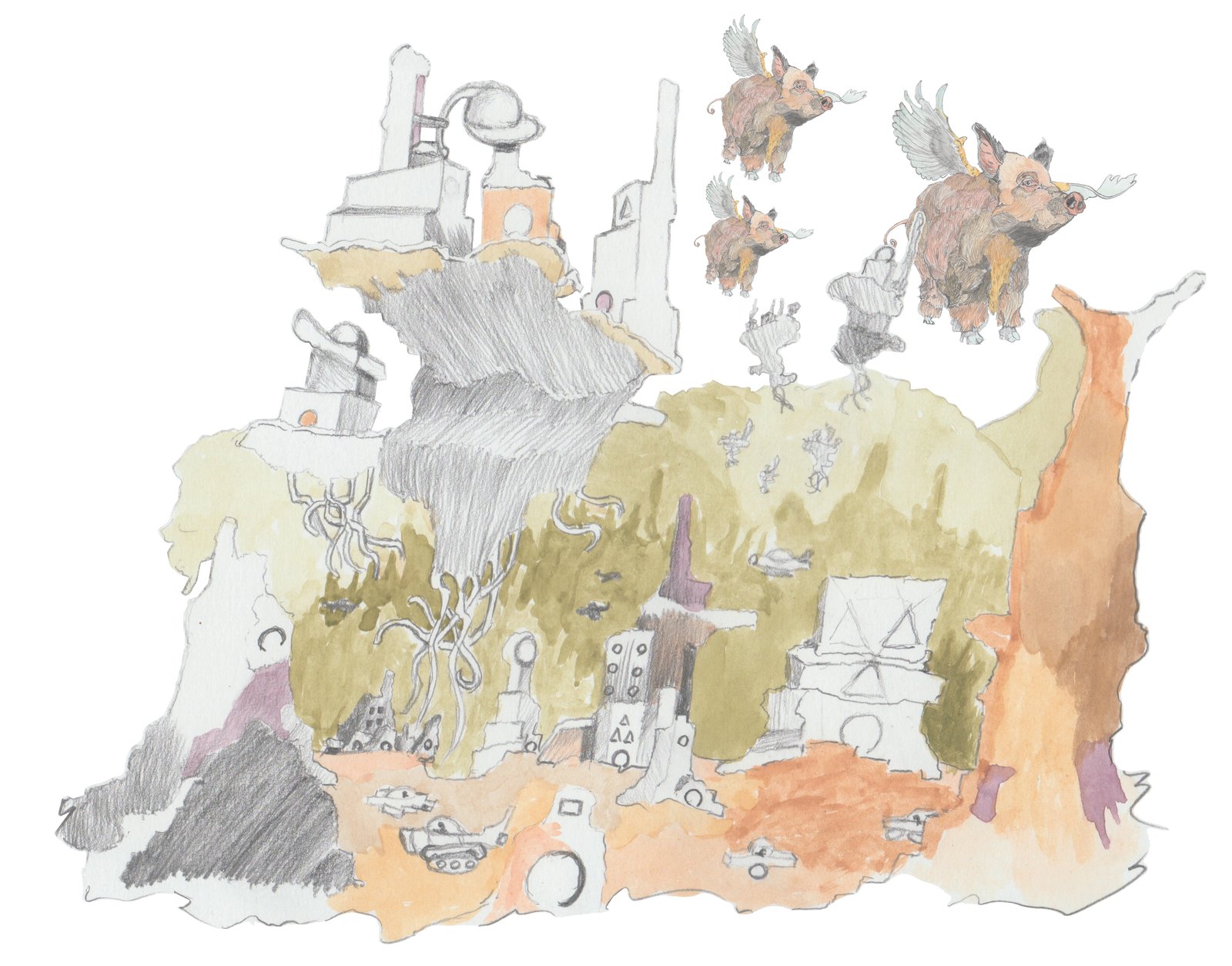 Pig dragons flying over ancient city in a forgotten age.