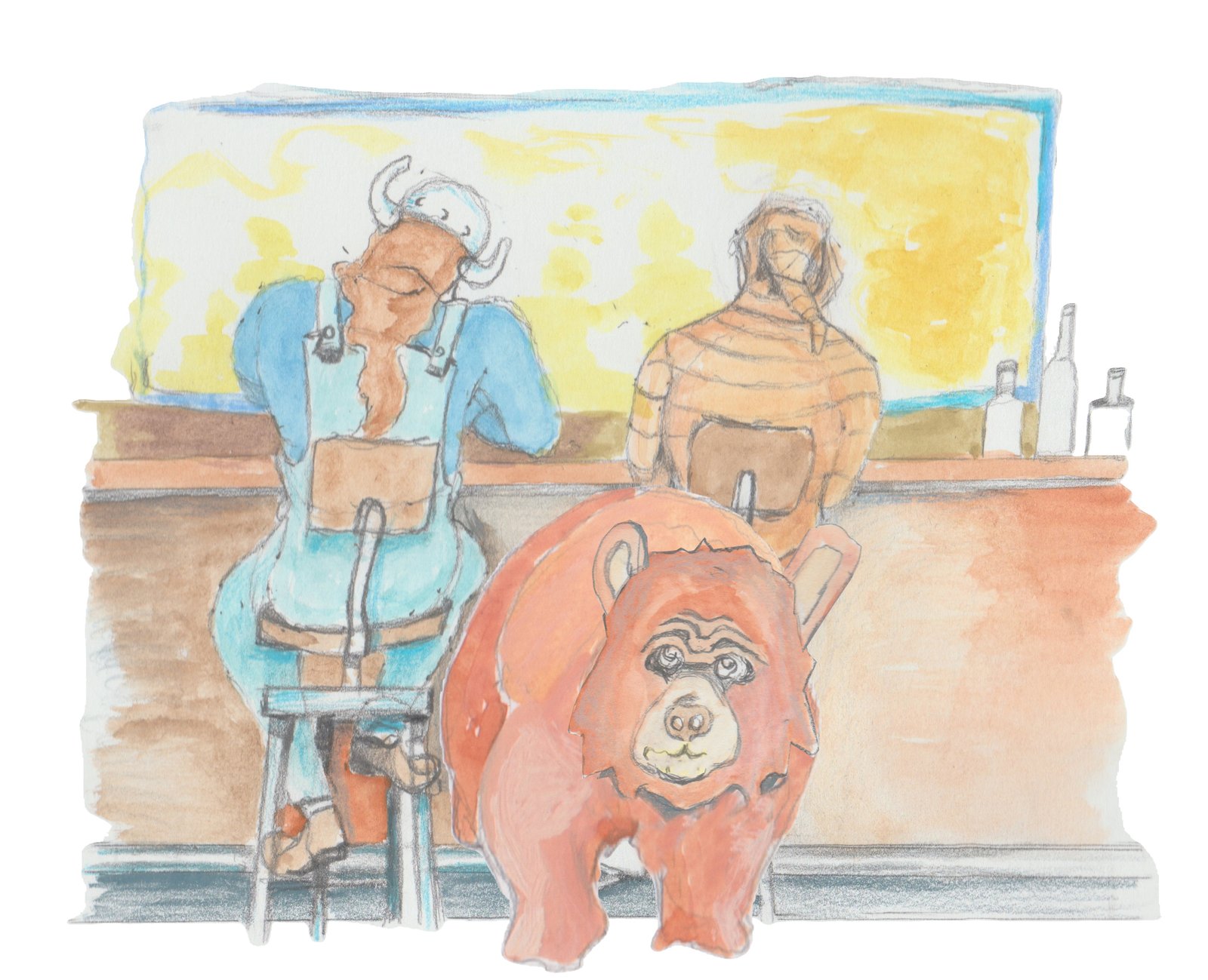 Gramps and Karl sitting at bar seen from the back with Bosco growling behind them.