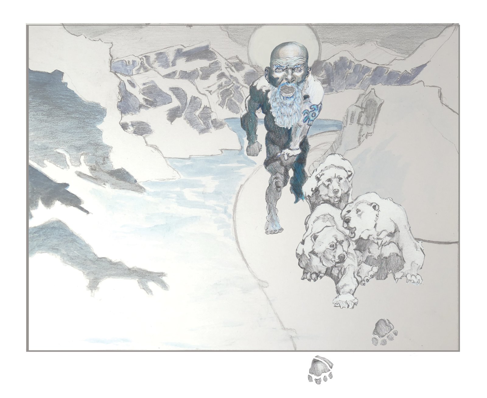 Risi cousin of Gramps with a den of polar bears running in front of him through a frozen valley between a few mountains.