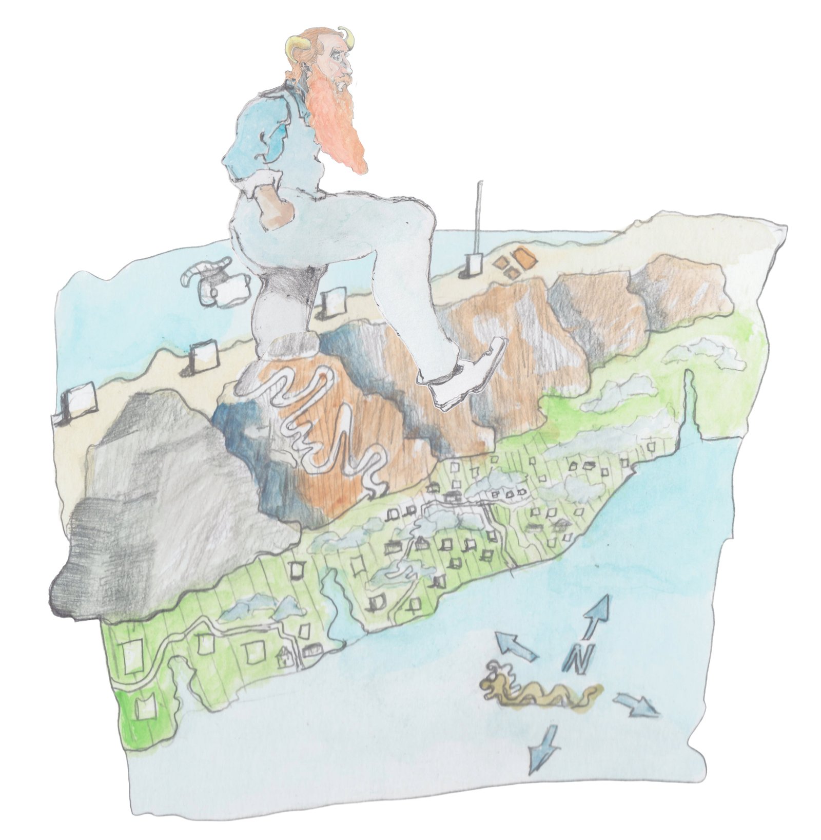 Gramps stepping over a mountain range full of windy roads with a whale in the ocean, a compass printed, and a seaserpent swimming.