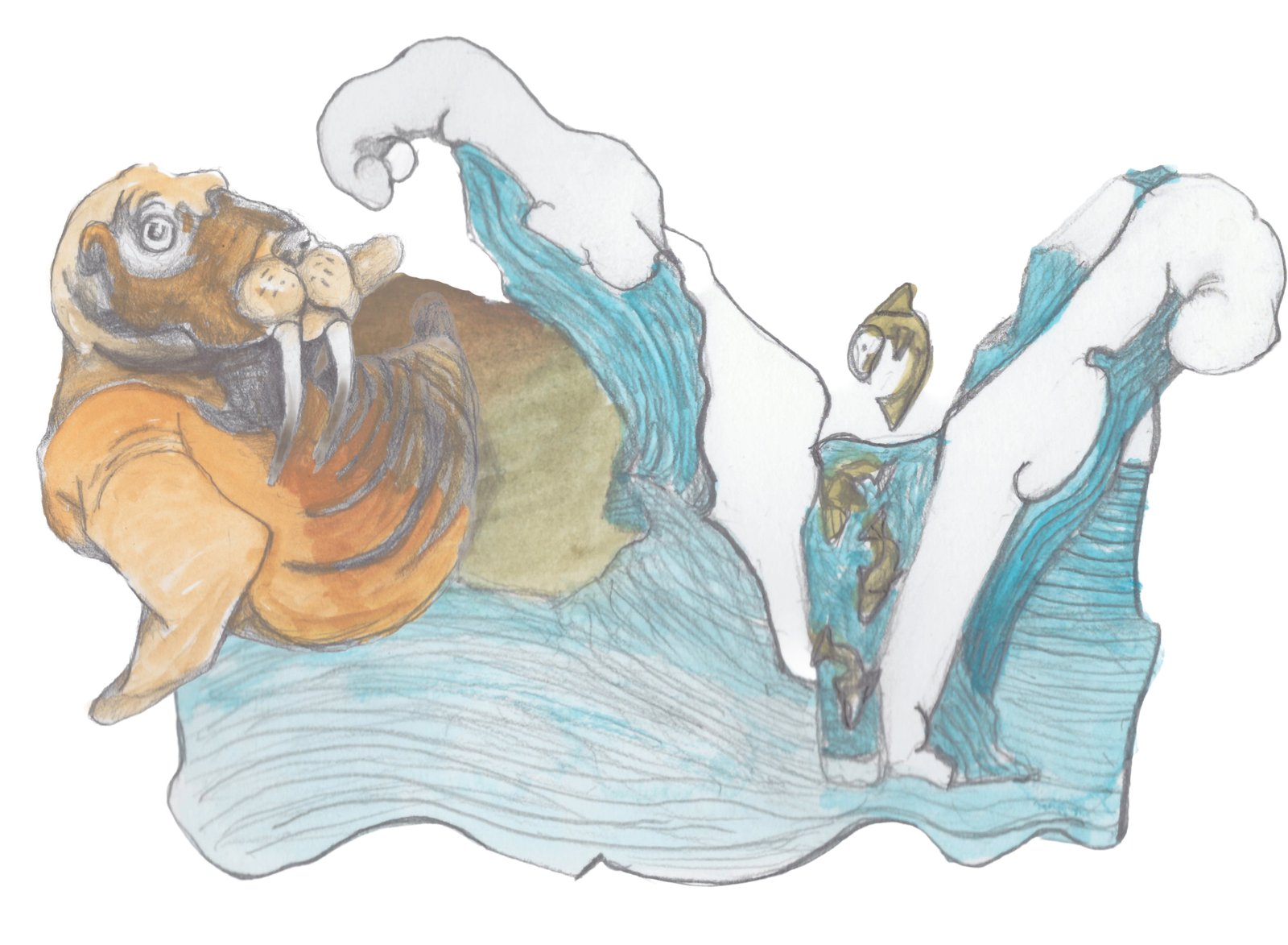 Walrus knocked into the water by a wave and fish being sucked into the space between the waves to the ocean floor.