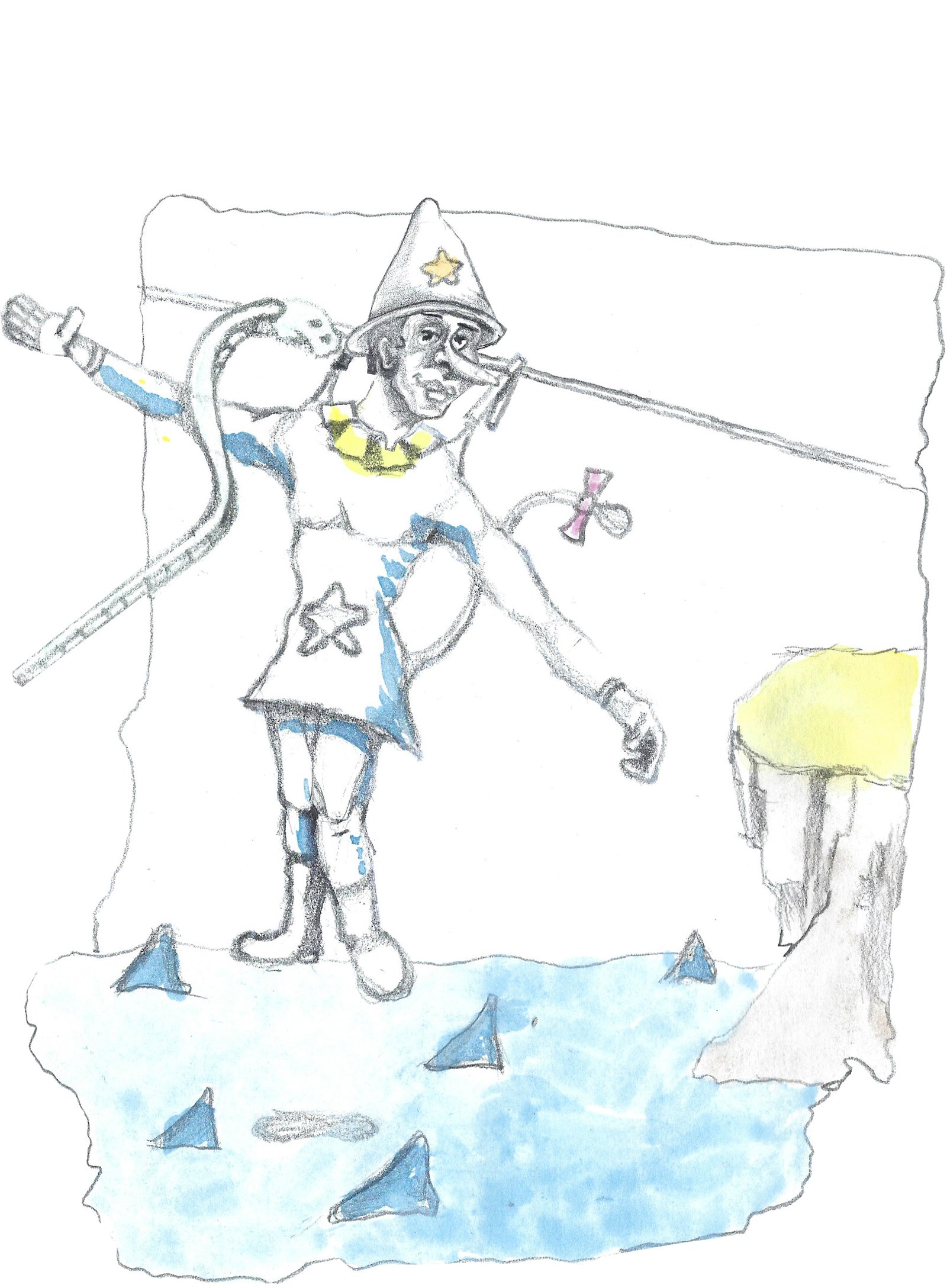 Pinocchio hang out on a clothe line across a chasm above some sharks with a snake being thrown into his face.