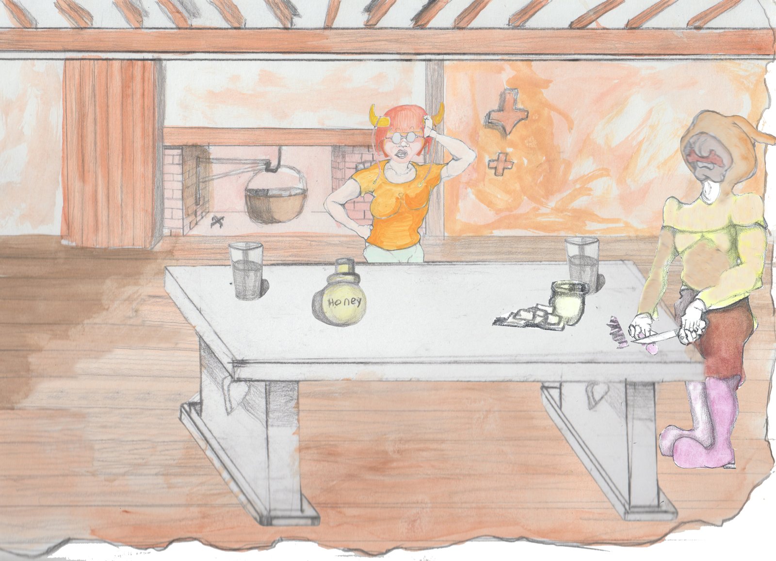 Karl is cutting sausage with a perplexed Angroboda on the other side of the table by the fireplace.