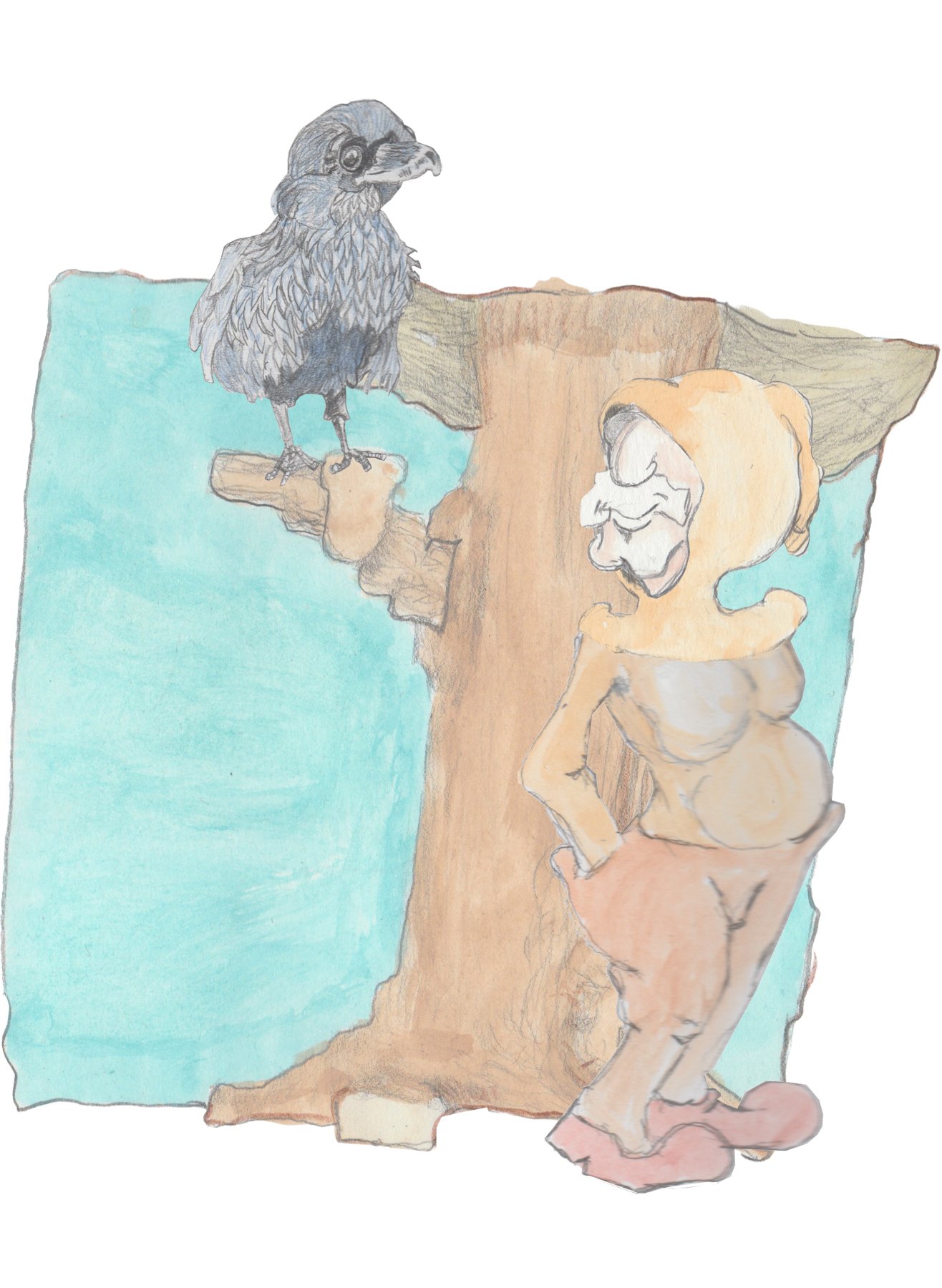 Karl talking to raven in a tree.