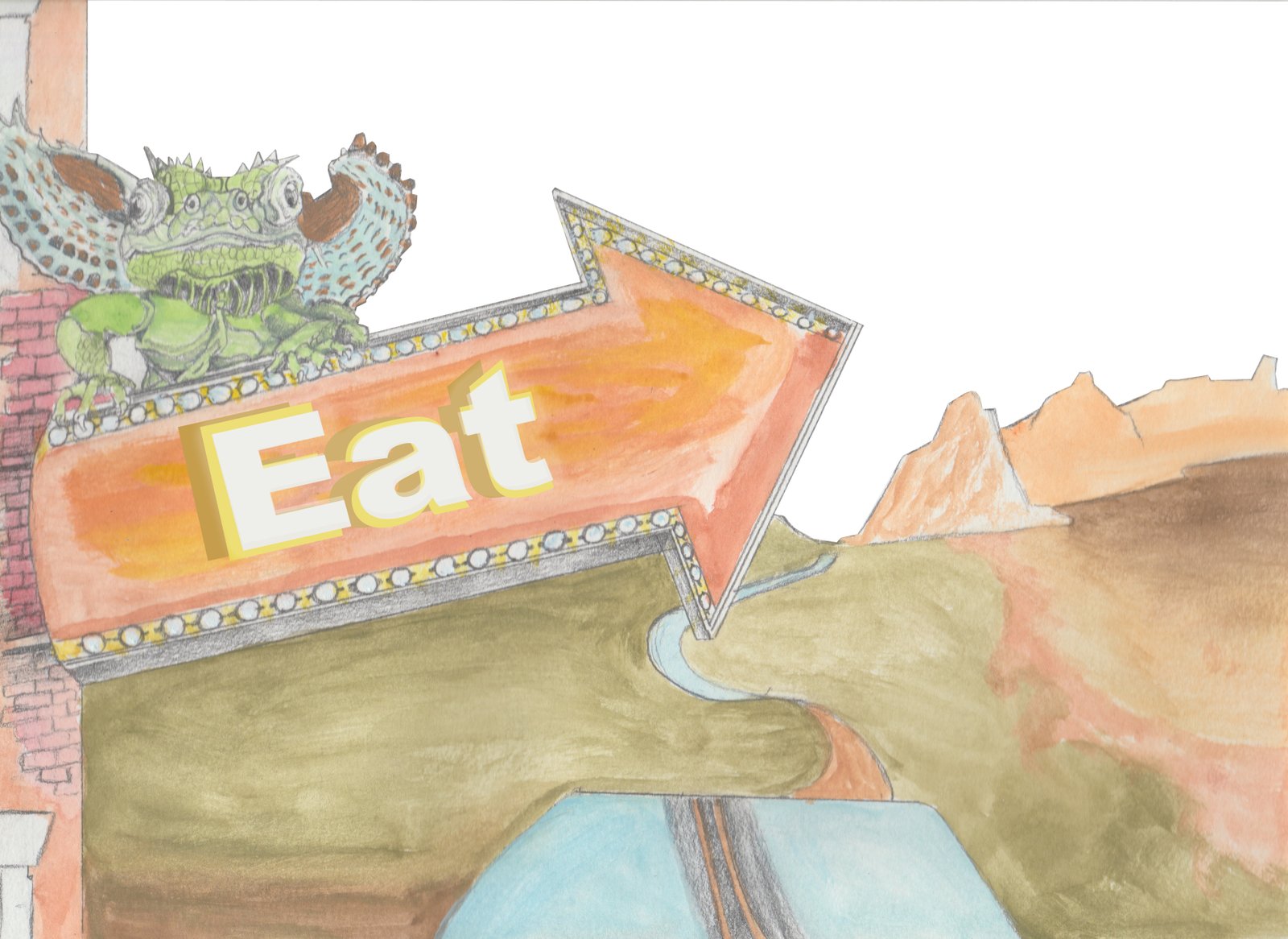 A creature sitting on a neon sign that says eat.