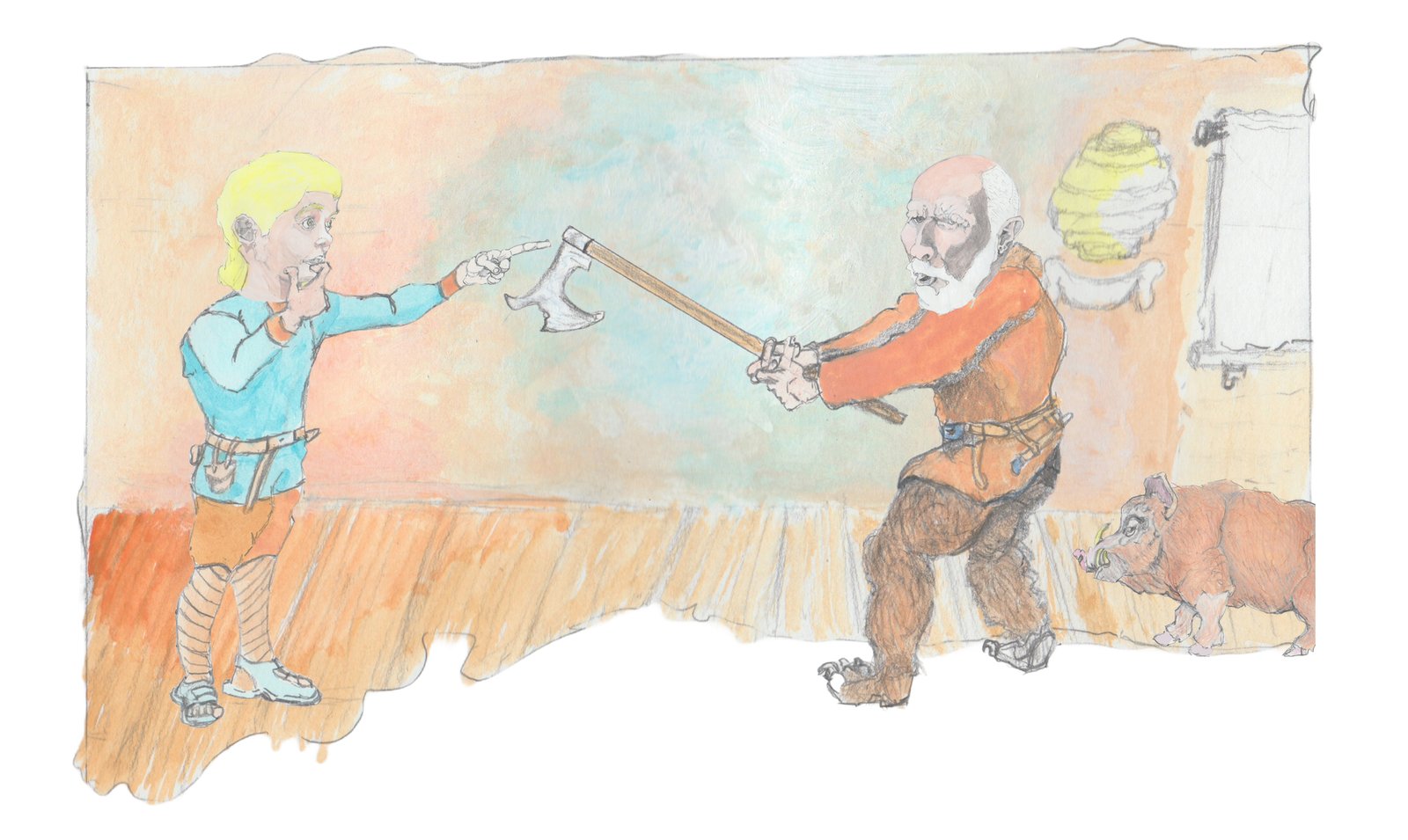 Grandfather trying to cleave grandson with an axe, but the grandson split the axe with his little finger.