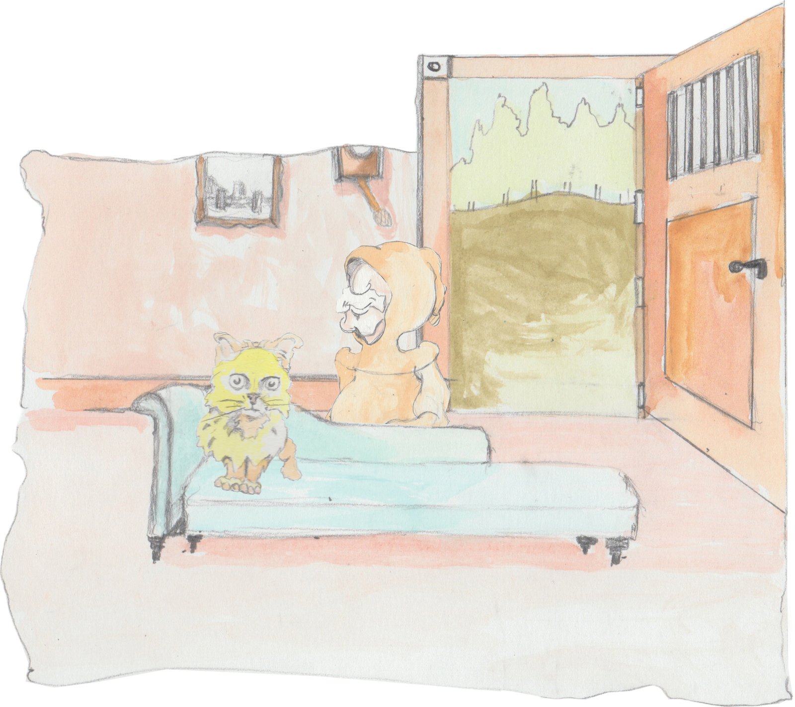 Karl with a patient on his couch while he stands behind it talking to the cat with problems.