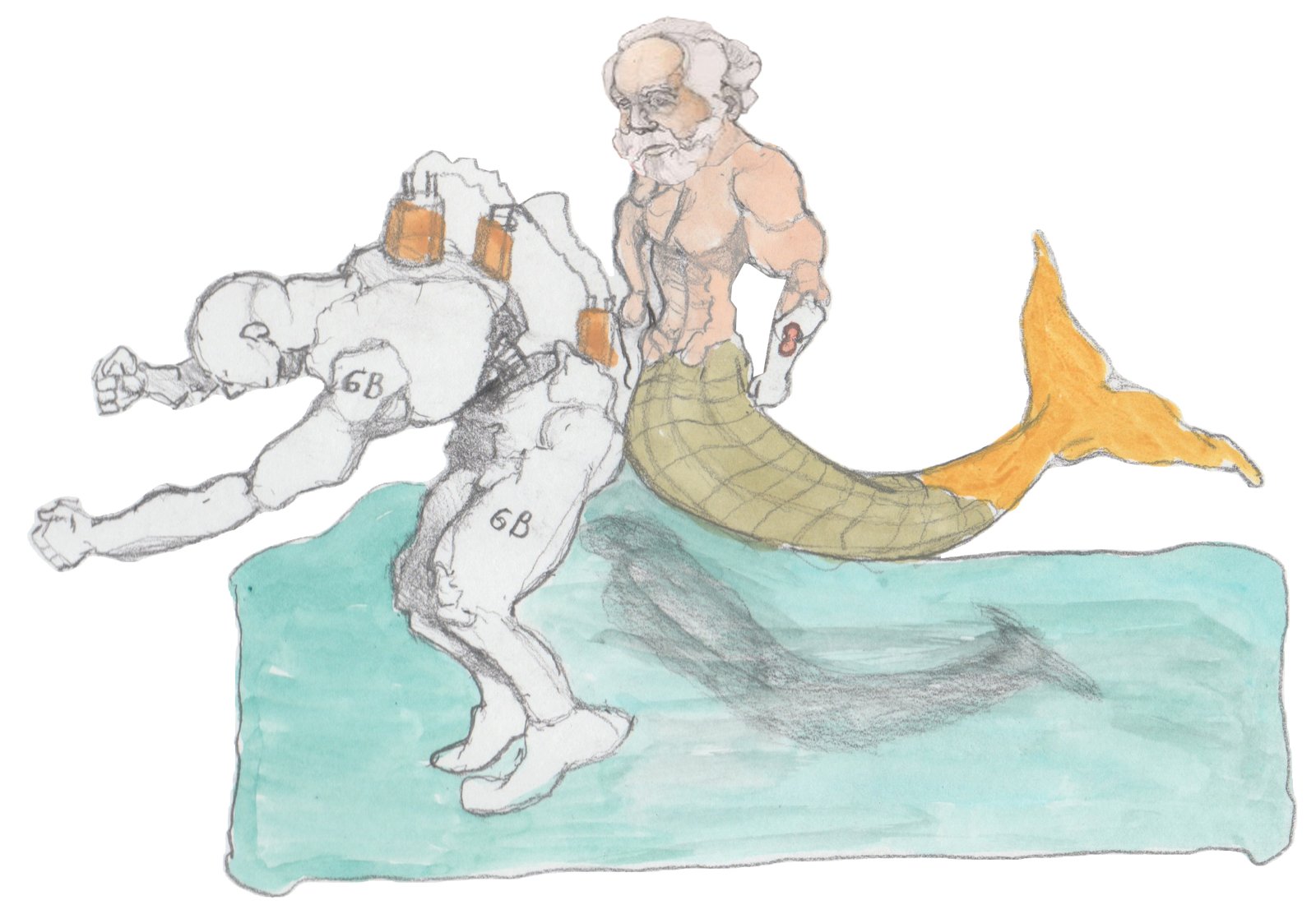 Automaton coming to life with huge batteries on his back with an Older God watching which i a flying merman.