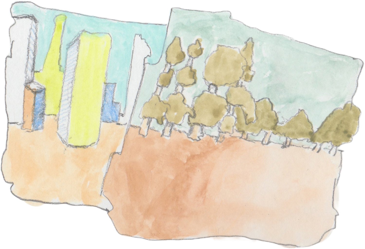 Old civilization on left and abandoned woods of the present on the right.