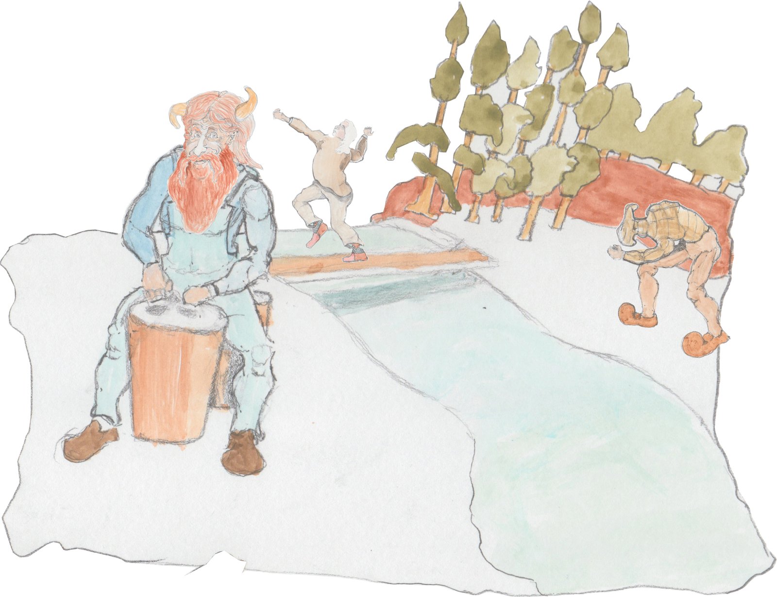 Gramps drumming with Pops fancy dancing across abridge and Karl dancing on the other side of pond.