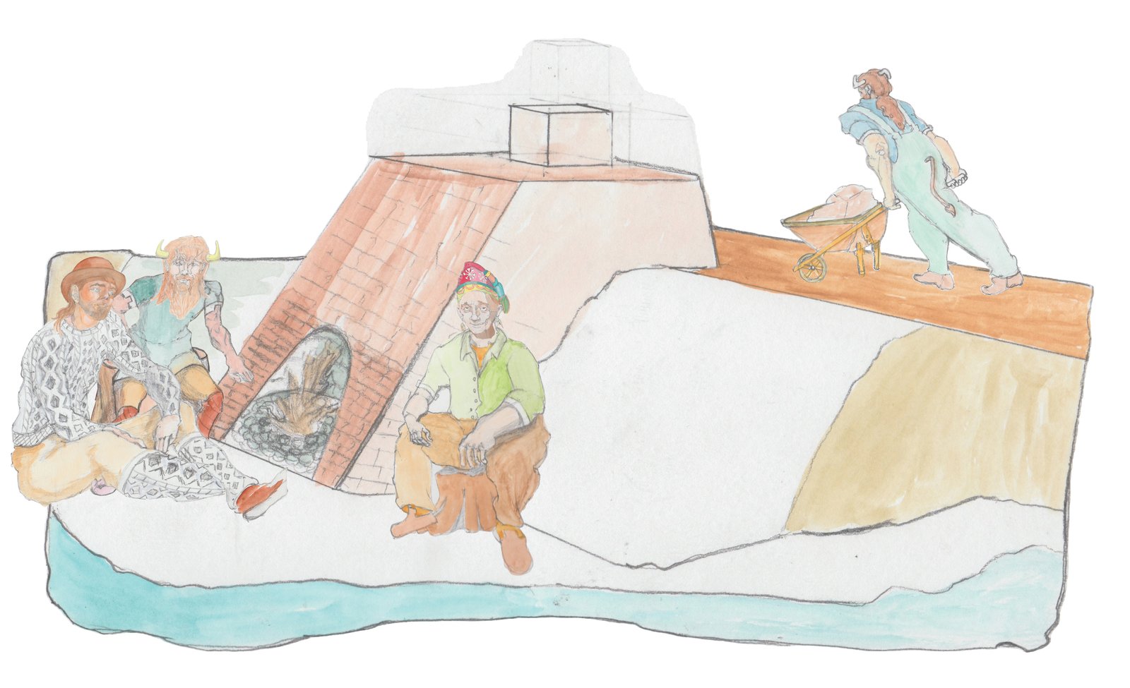 Hulton, Bjorn, and John Bowker sitting at a bottom of a hil on a white sand beach in front of a bog iron furnace with Gramps pushing a wheelbarrow on top of the hill filled with iron ore to be placed down the chimney of the furnace.