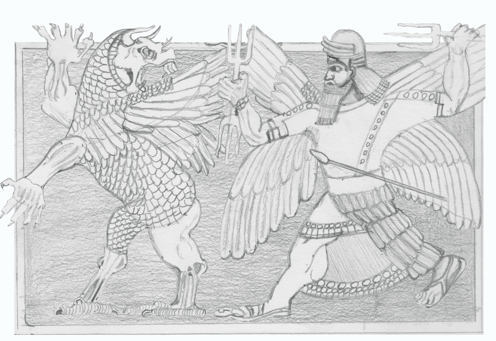 Marduk and Tiamat on an old stone engraving.