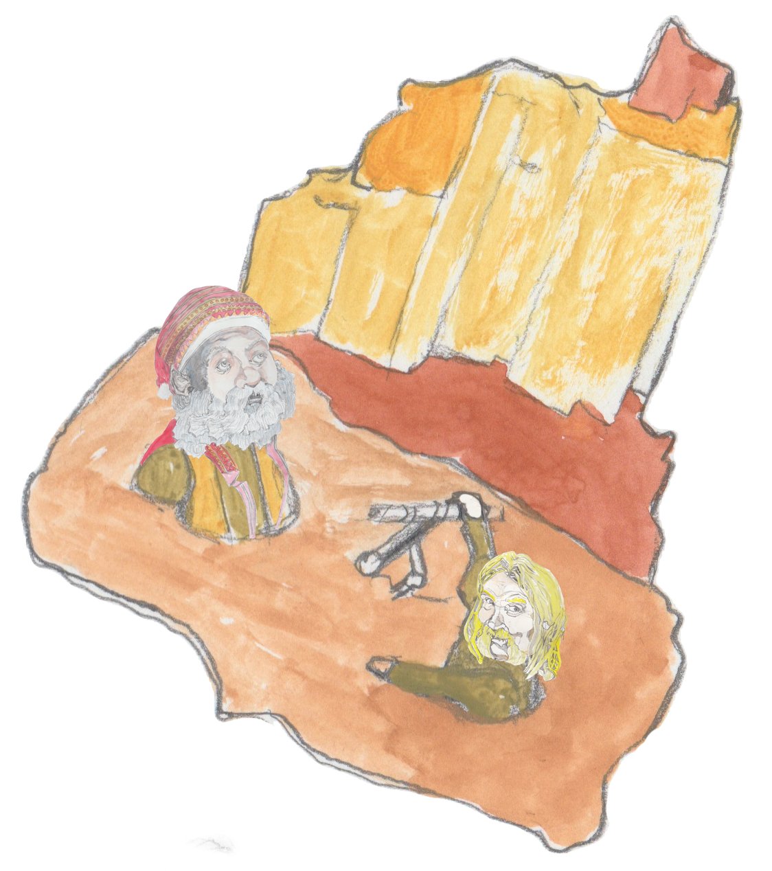 Two men sinking in quicksand on a pull cart.