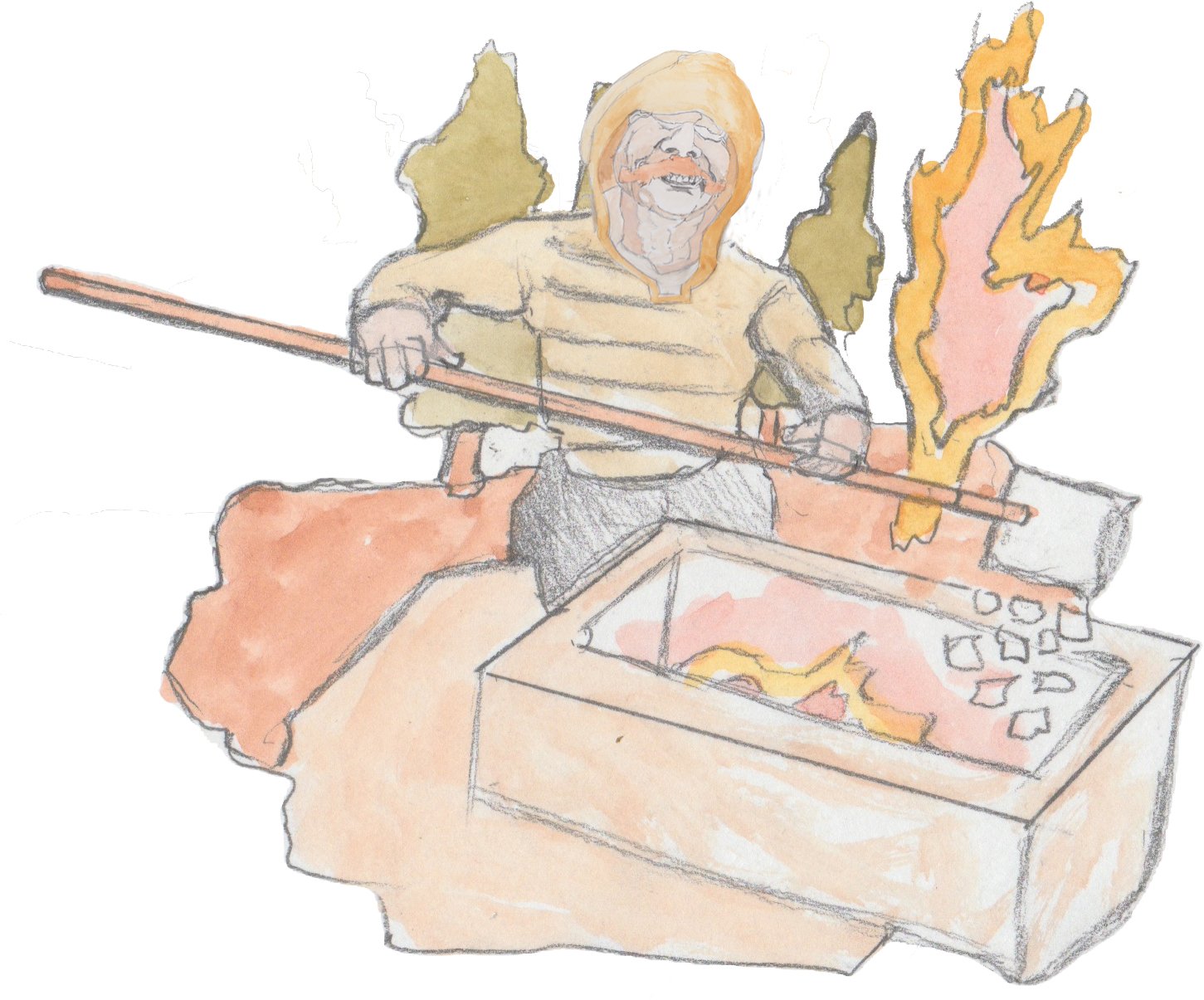 Karl stoking the top of furnace with bog iron with a shovel.
