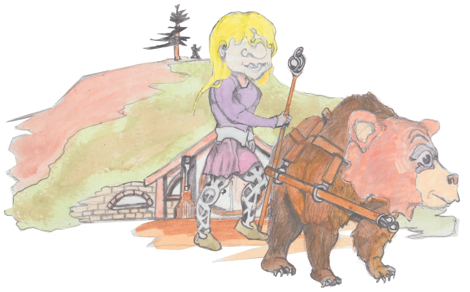 Helgi placing harness on Bosco outside of their house built into the hill.