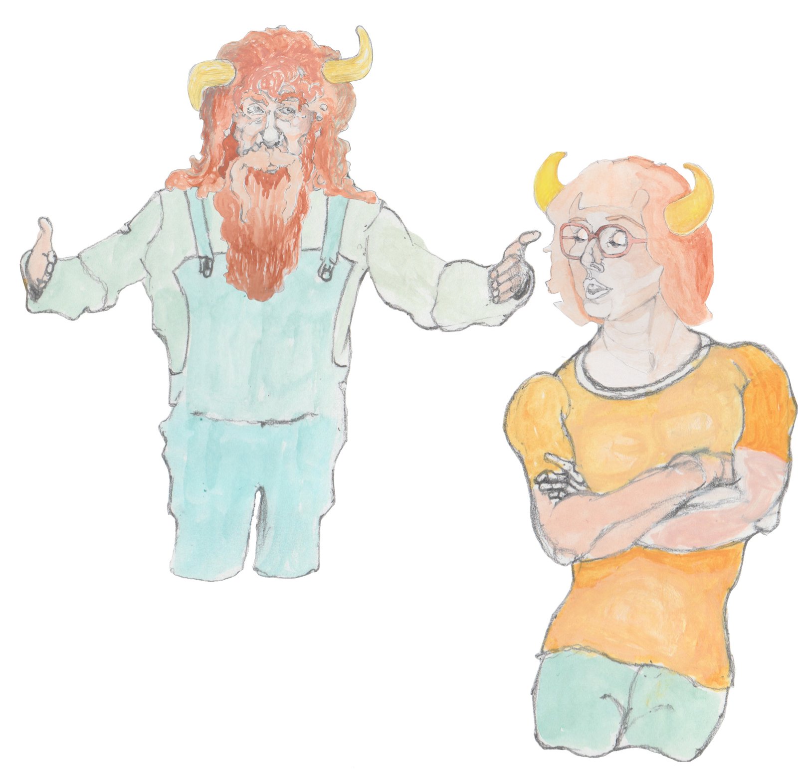 Gramps standing behind Angrboda with his arms out measuring.