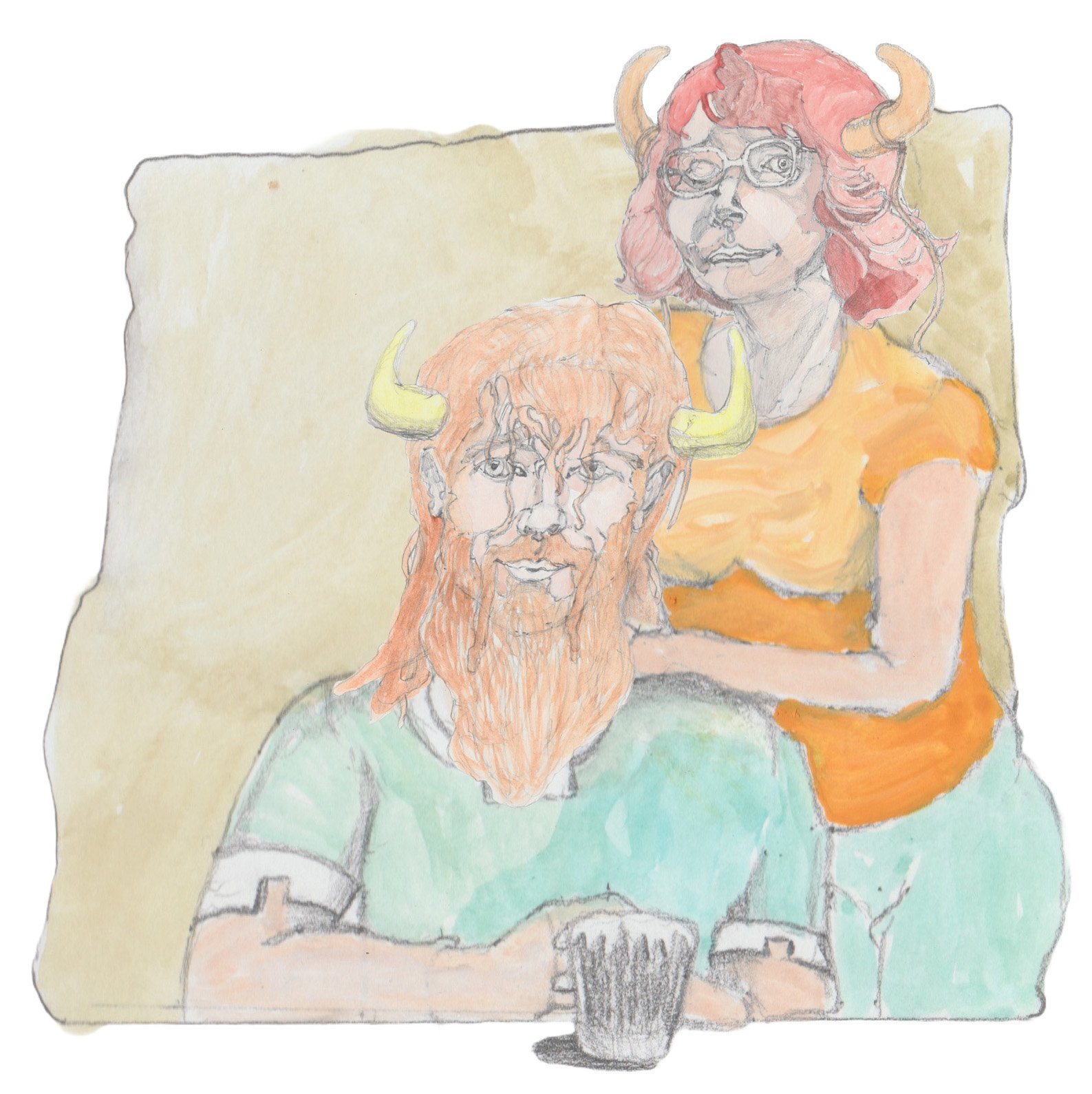 Angrboda leaning from behind on her father's shoulder from behind as he is smiling iting at the table.