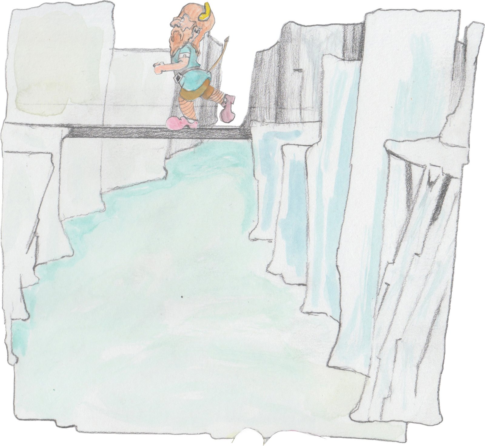 Bjorn walking acros the edge of the blade of his sword across a Fjord.