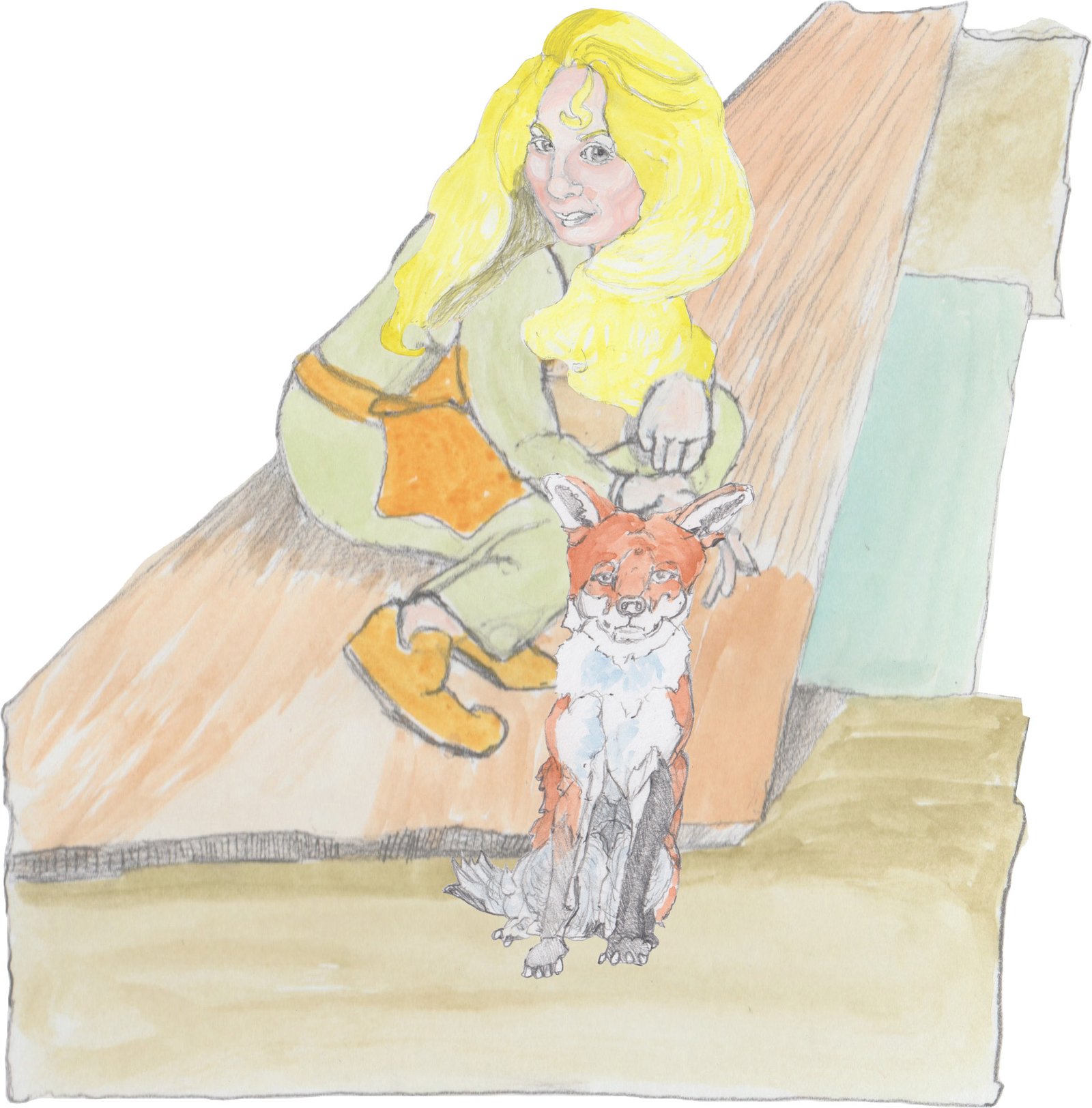 Helgi bending down to pat a fox on the head on a bridge.