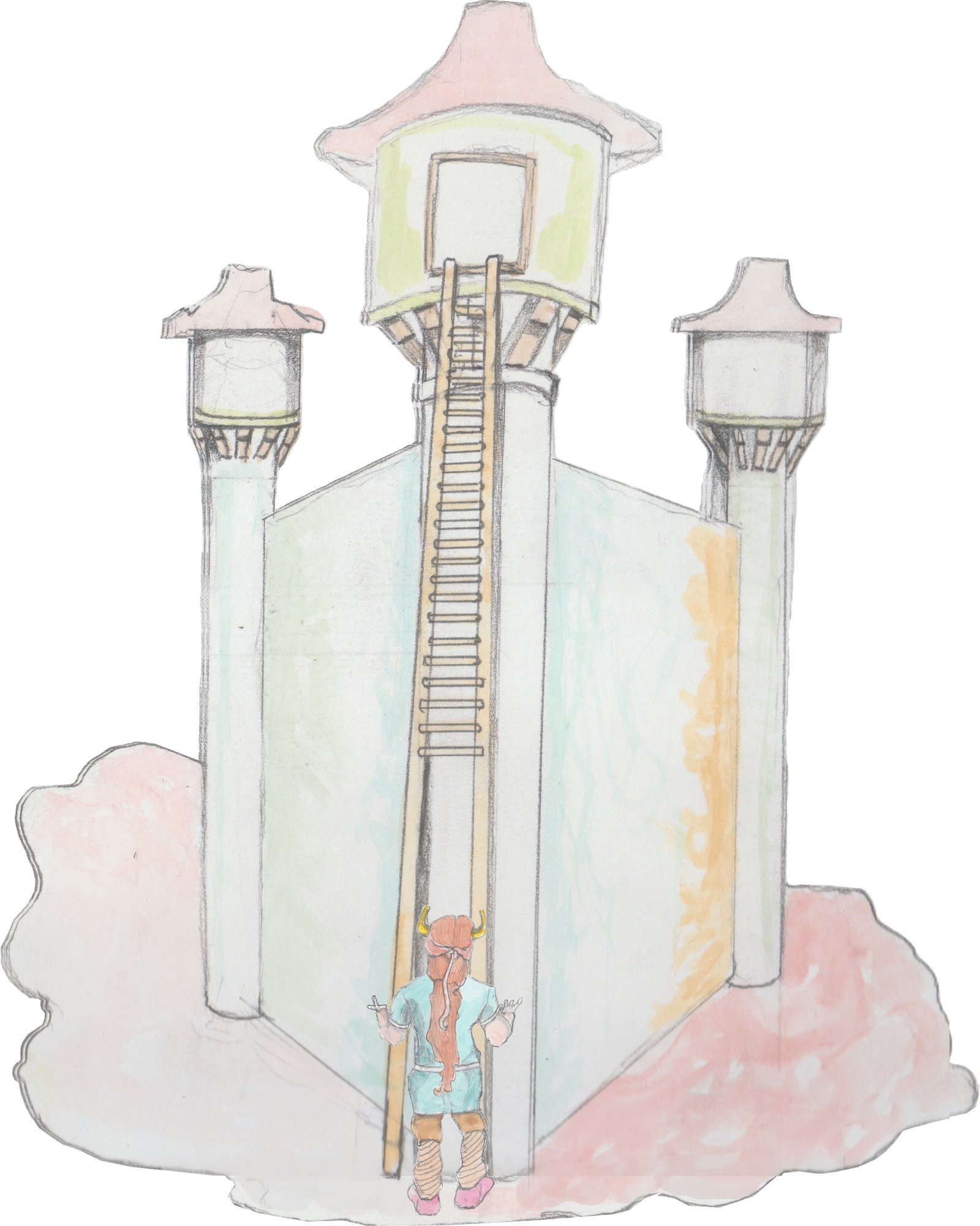 Rosy Cloud Palace with a ladder with 25 rung missing with Bjorn looking up.