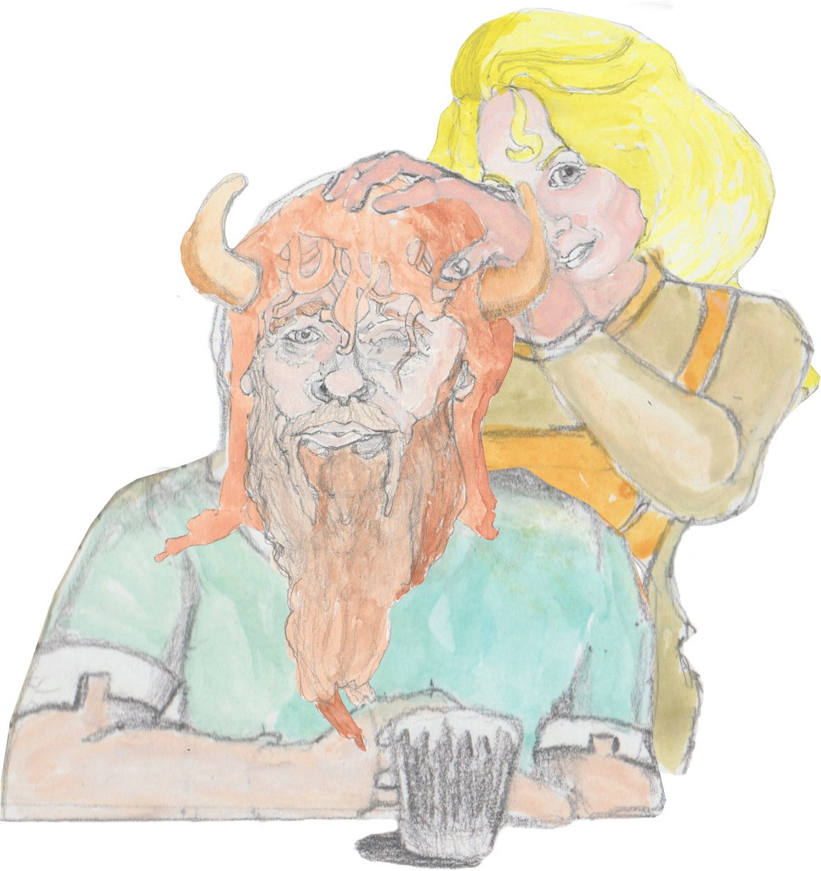 Helgi behind Bjorn sitting ruffling his hair.