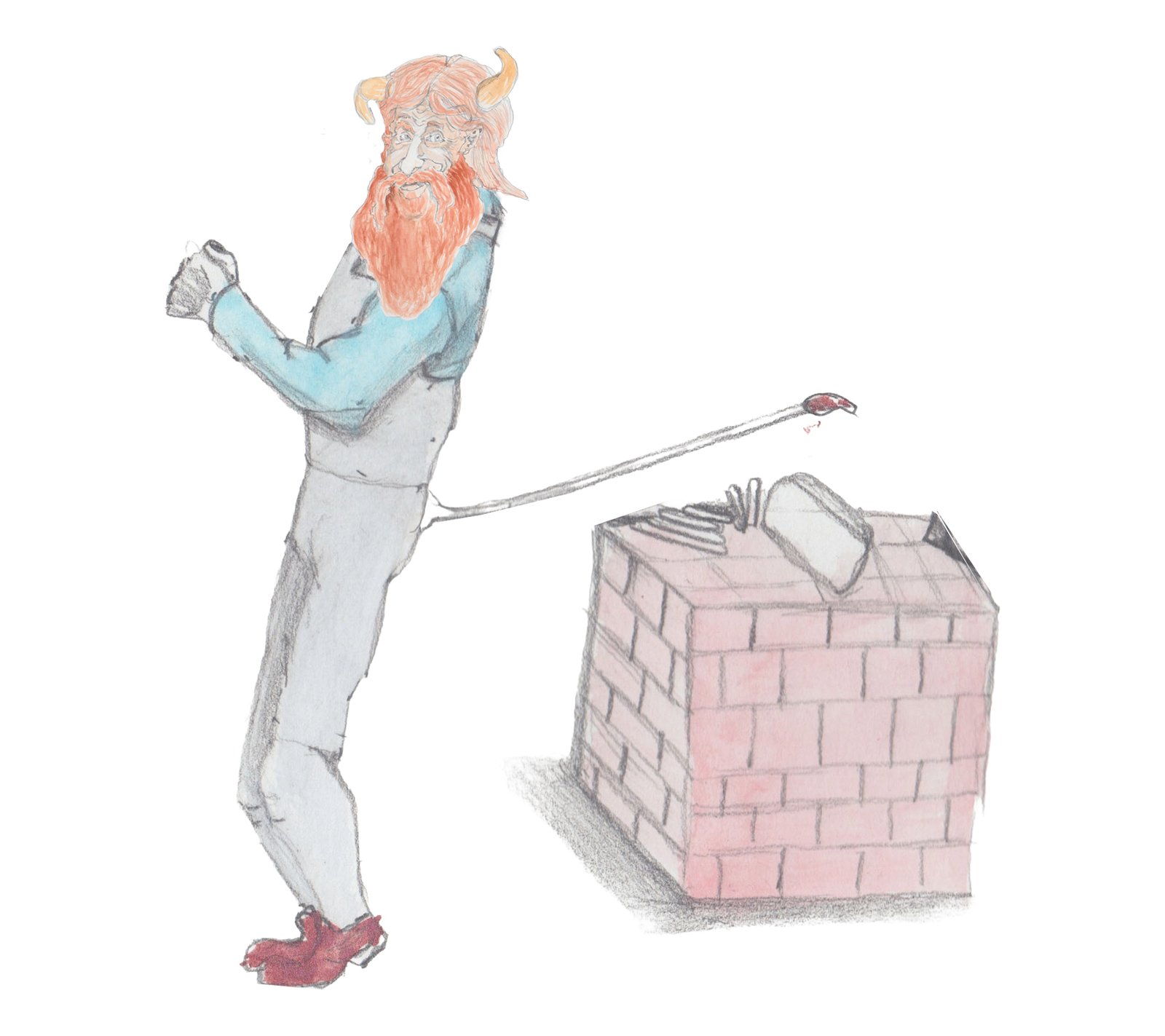 Gramps slicing cheese with his tail on a pile of bricks.