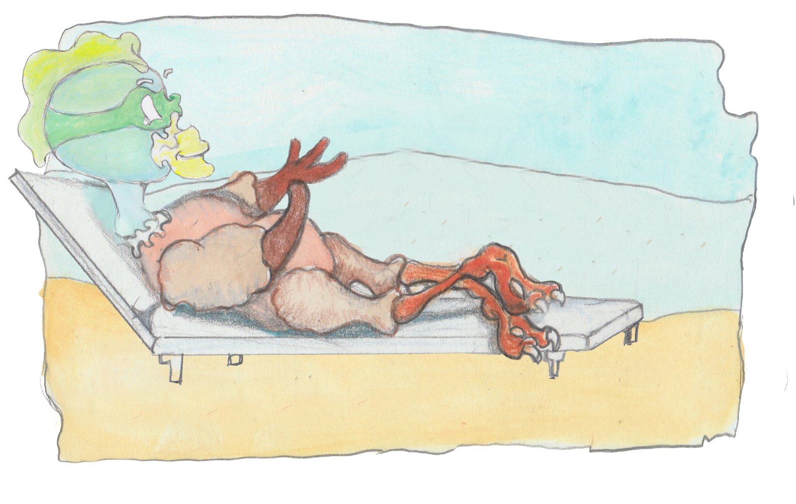 Gast the Jersey Devil sitting in a chaise lounge on the beach looking at his polished nails.