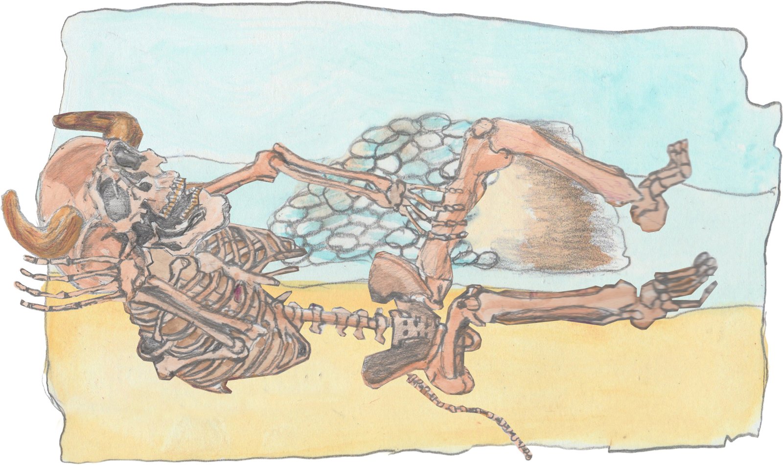 Giant troll skeleton lying on the beach with giant midden in the bay behind him.