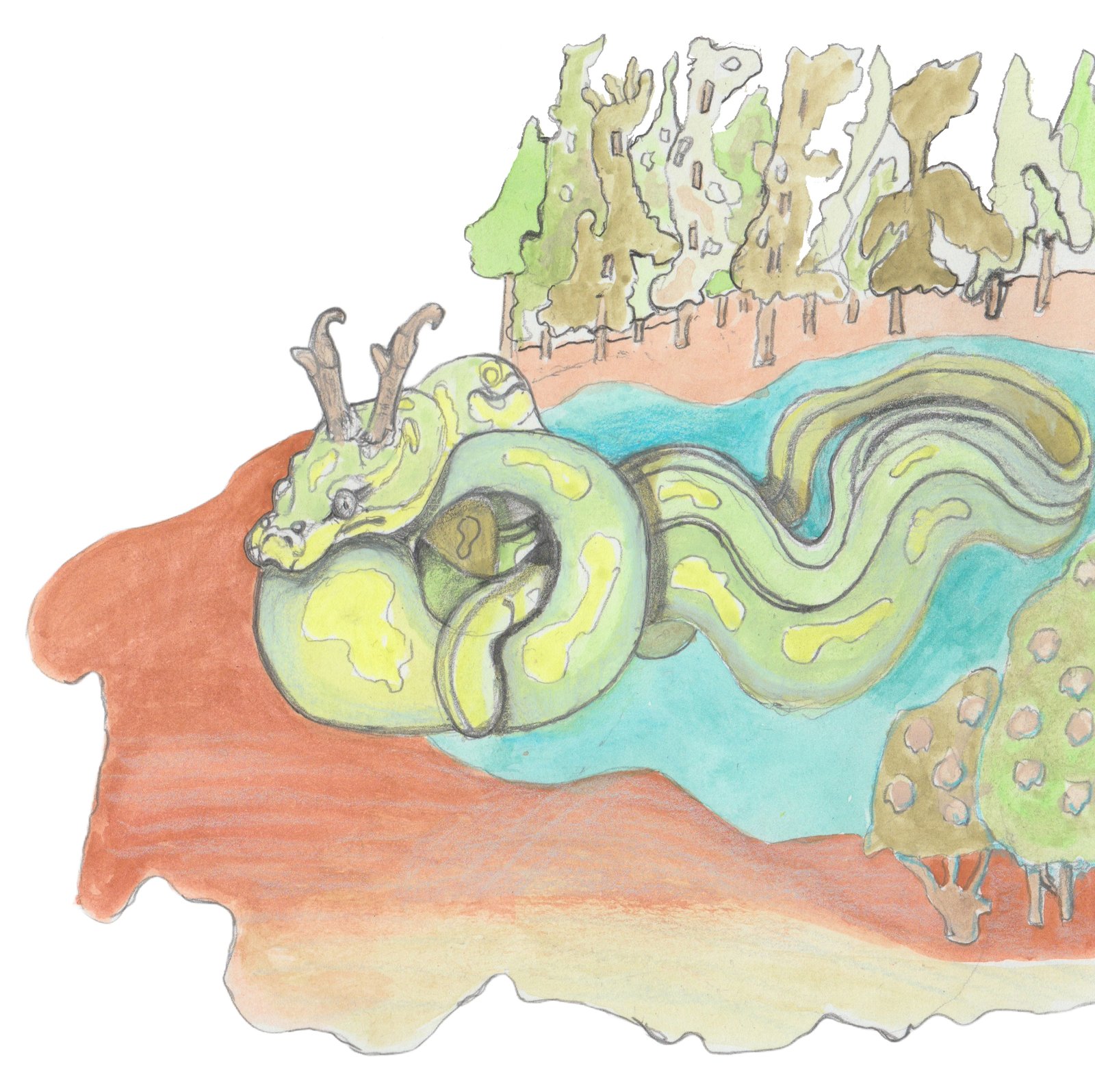 The Great Horned Serpent coming out of pond.
