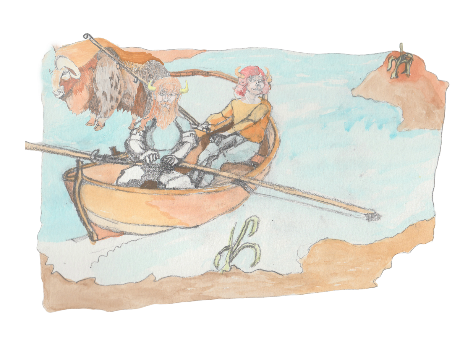 Angrboda and Bjorn in faering wooden boat being pulled out into Duck's Pond by a Norwegian mucsk ox to go fishing.