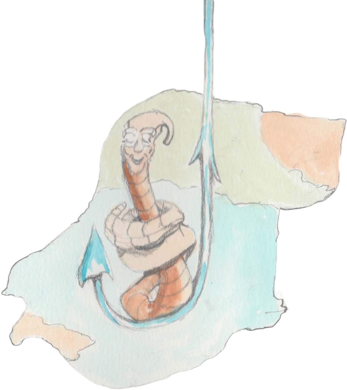 Smiling worm sitting on hook.