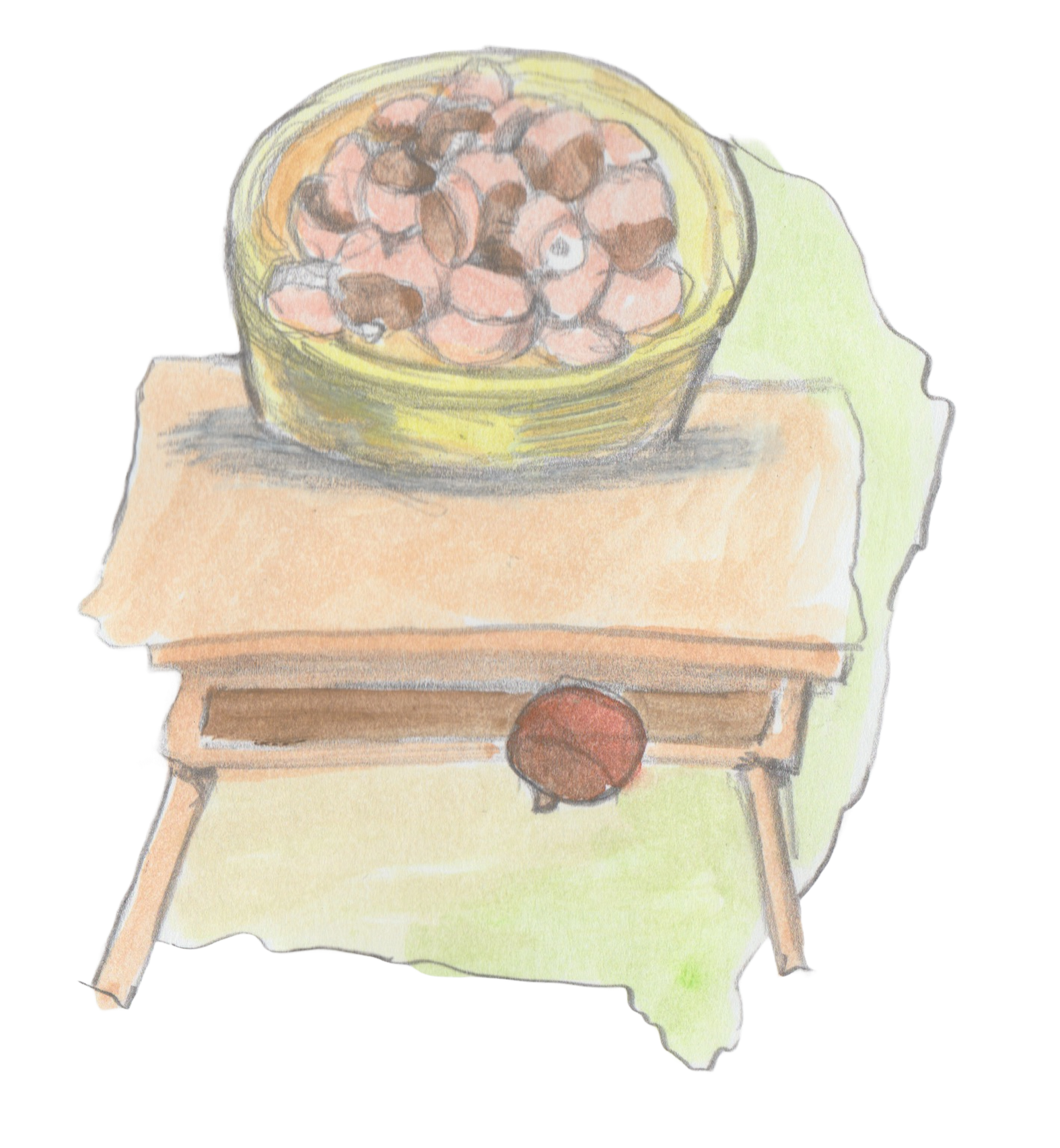 A Bowl of chestnuts on a table with one falling out.