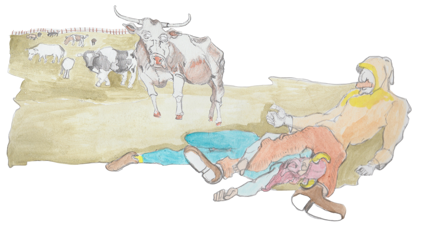 Gramps and Karl drunk in a field collapsed with some cows watching in the background..