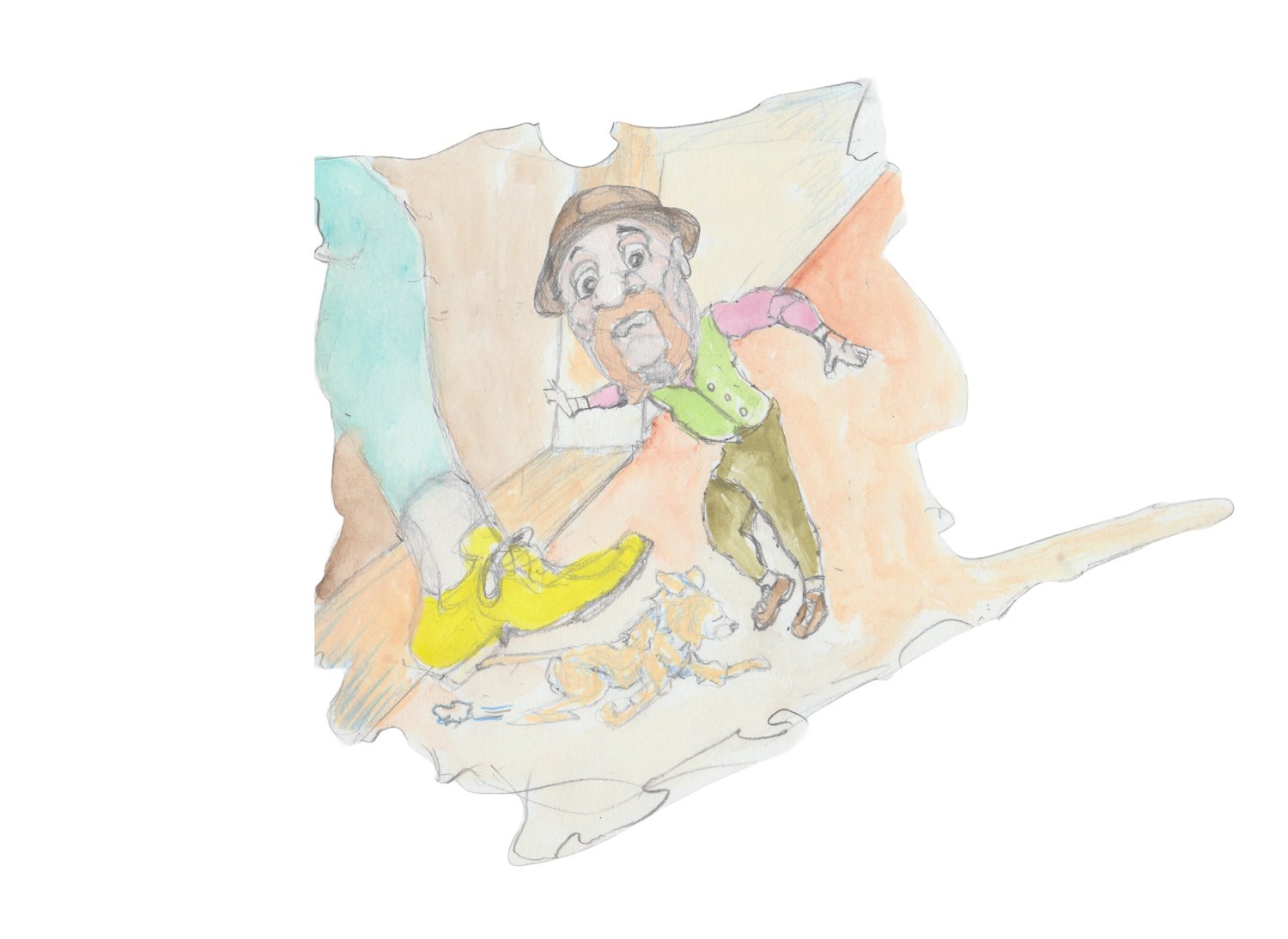 Jonathan Hulton is almost ran over by a herd of cats approaching the threshold of the Nattrolls home which has not shrunk down to his size yet with Helgi's giant foot following the cats escaping.