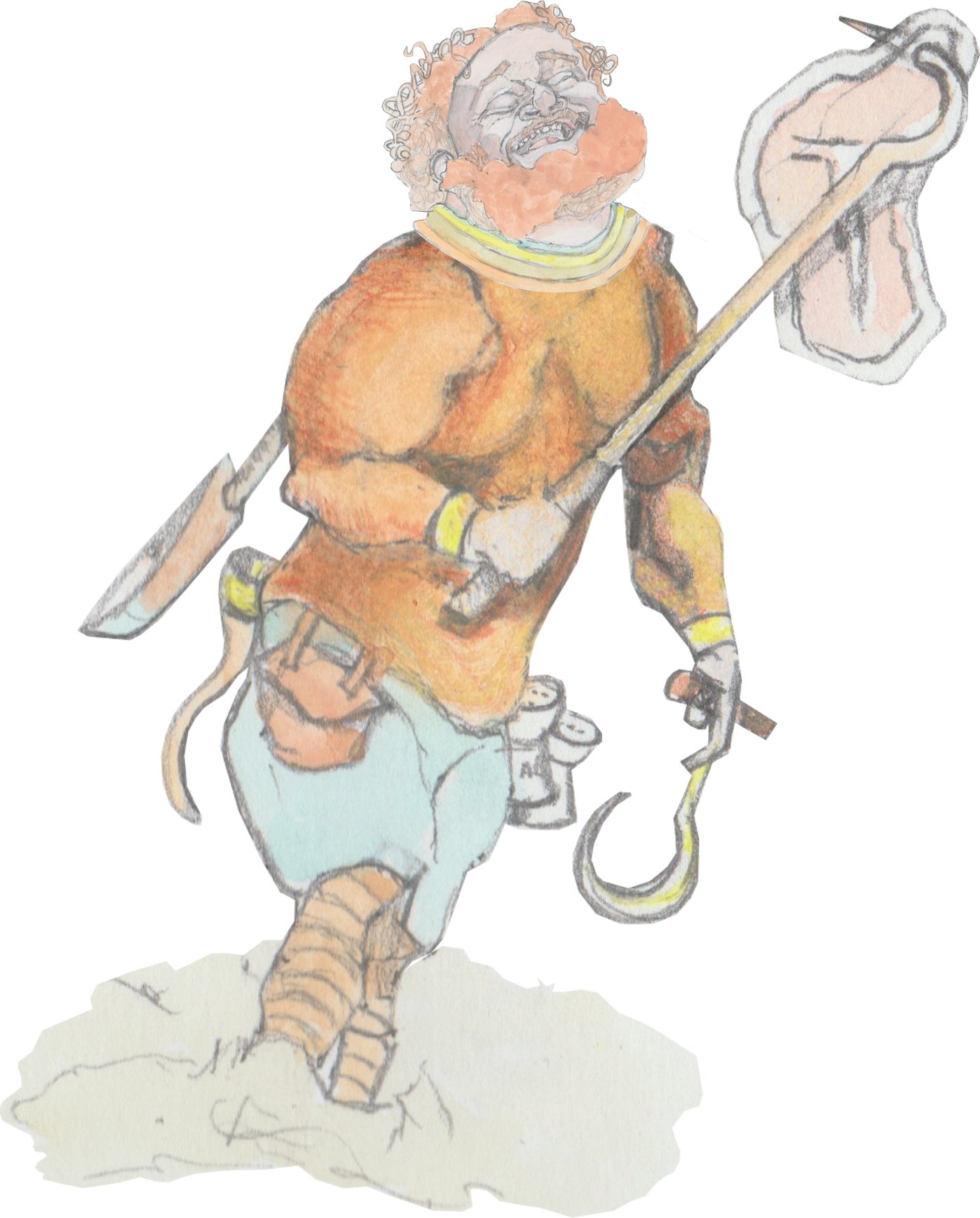 Meat Hook with hook and a steak on a spit.