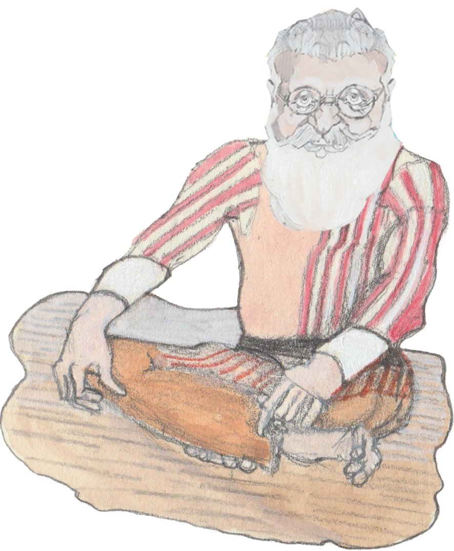 Door Slammer sitting Indian style with soft puppy dog eyes behind his glasses above his Santa beard..