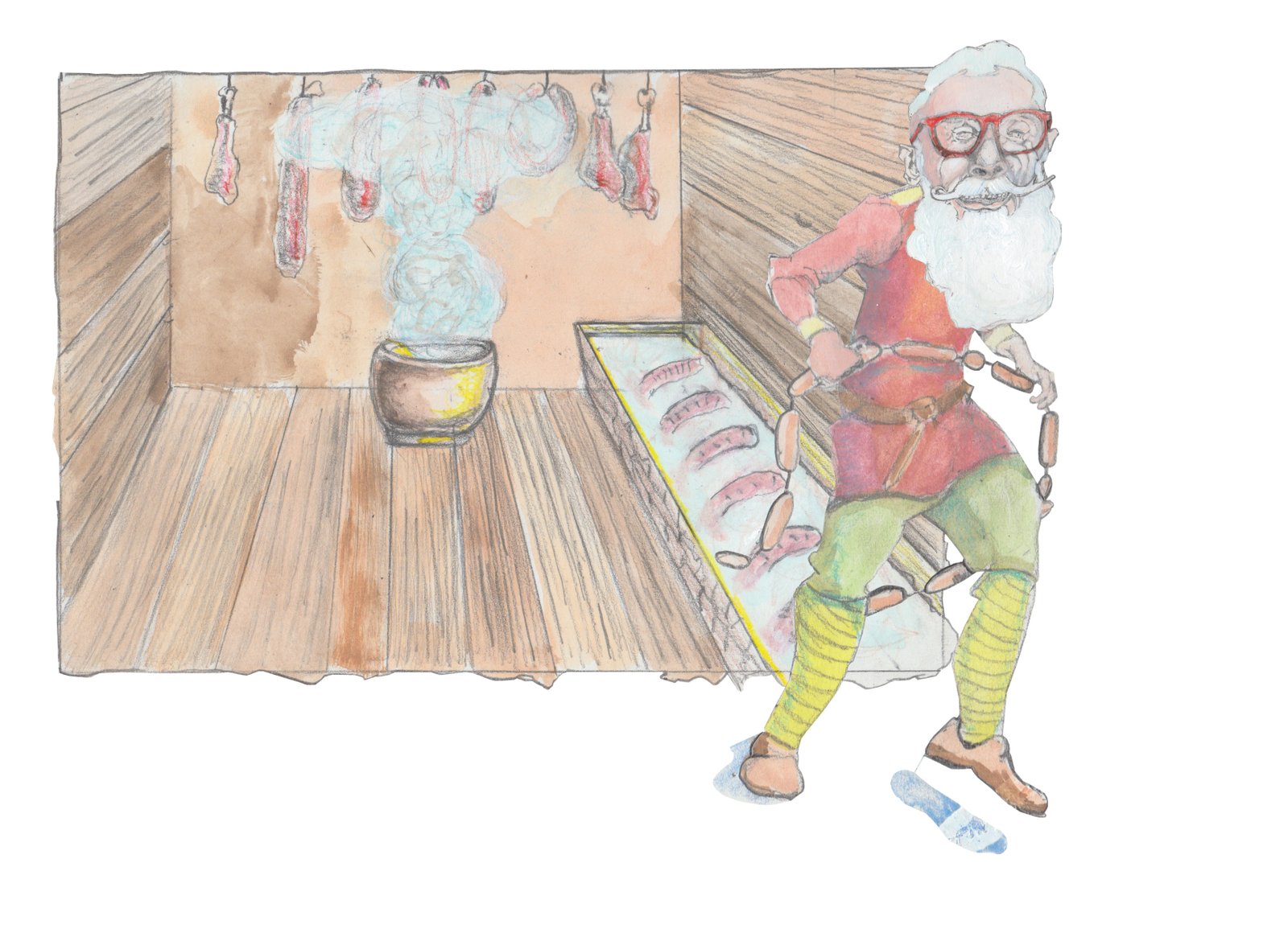 Sausage Gobbler with links running out of smoke house.