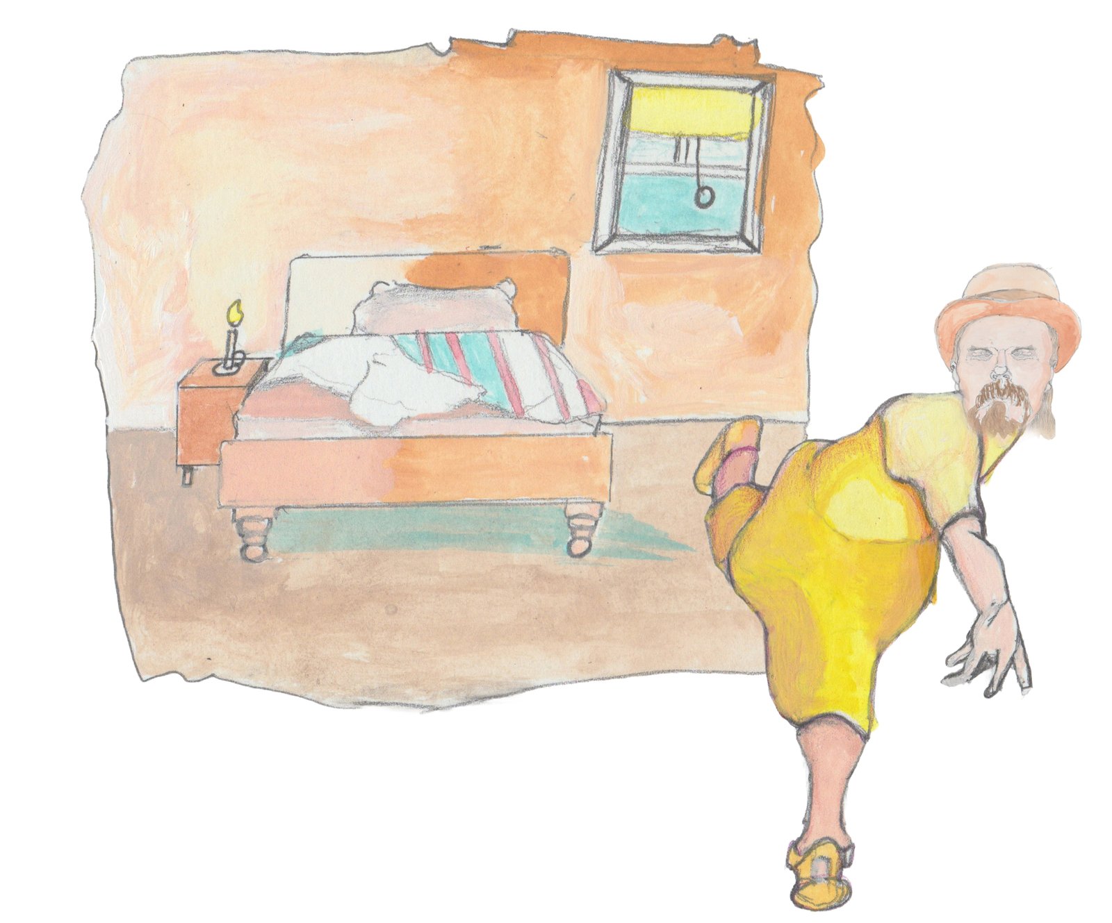 Hulton in his night shirt and bowler hat running from bedroom throwing the nail.