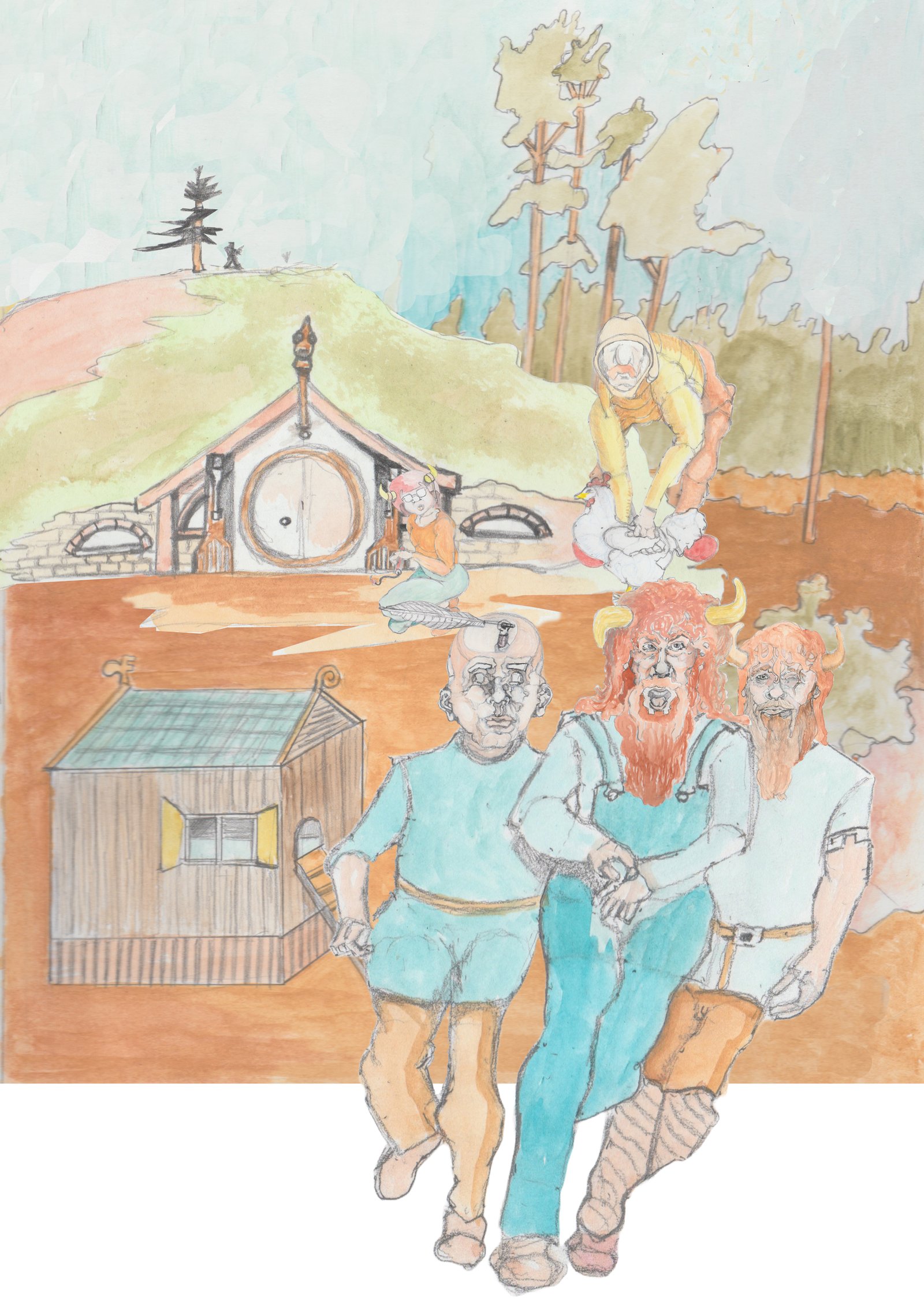 Gramps, Bjorn, and Pop-Pos leaving to hunt the Jule Cat while Karl sneaks off stealing a chicken while Angrboda watches in fron of their house.