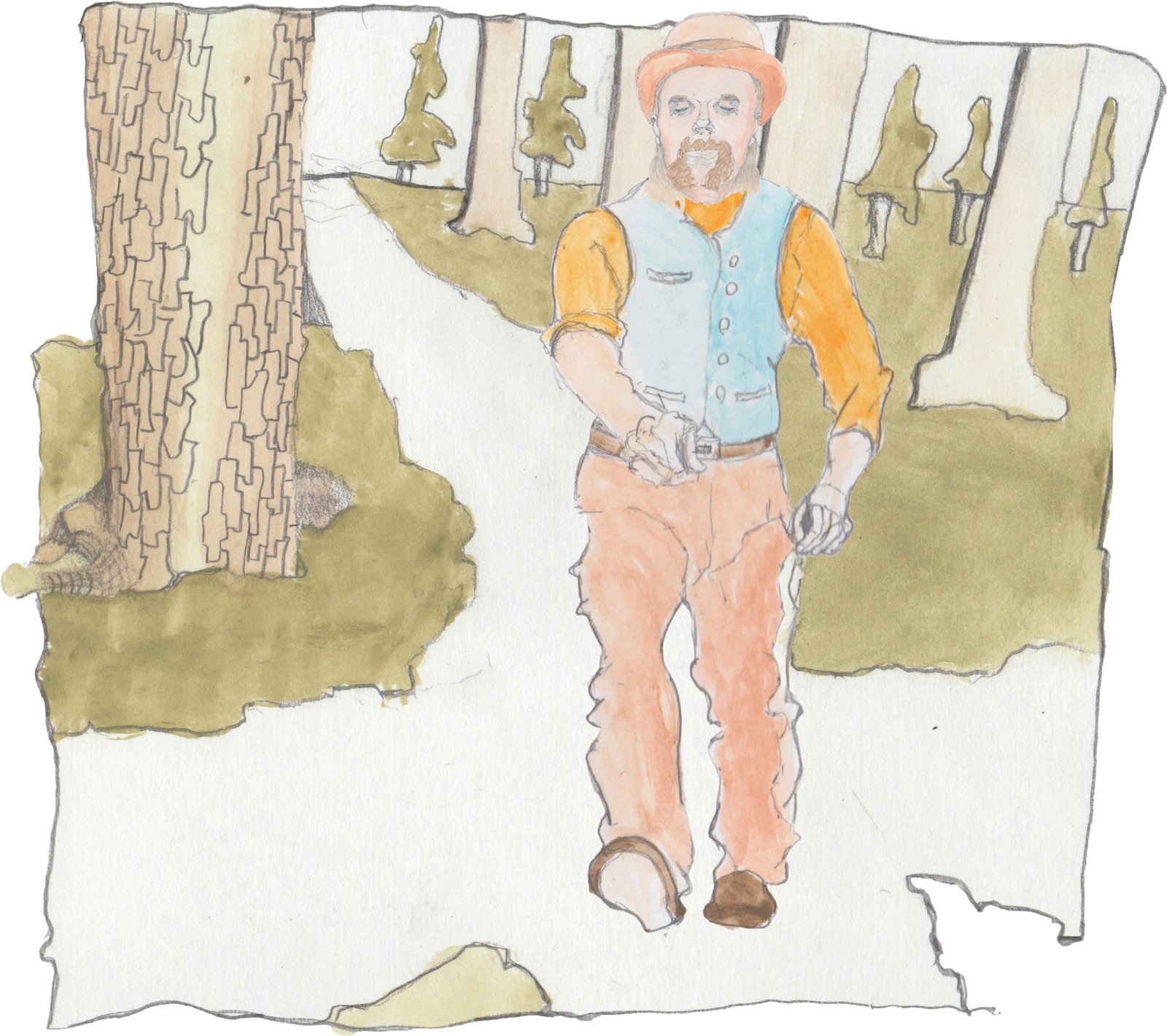 Hulton walking past Bull Pine tree at crossroads wearing orange button down shirt with blue vest and bowler.