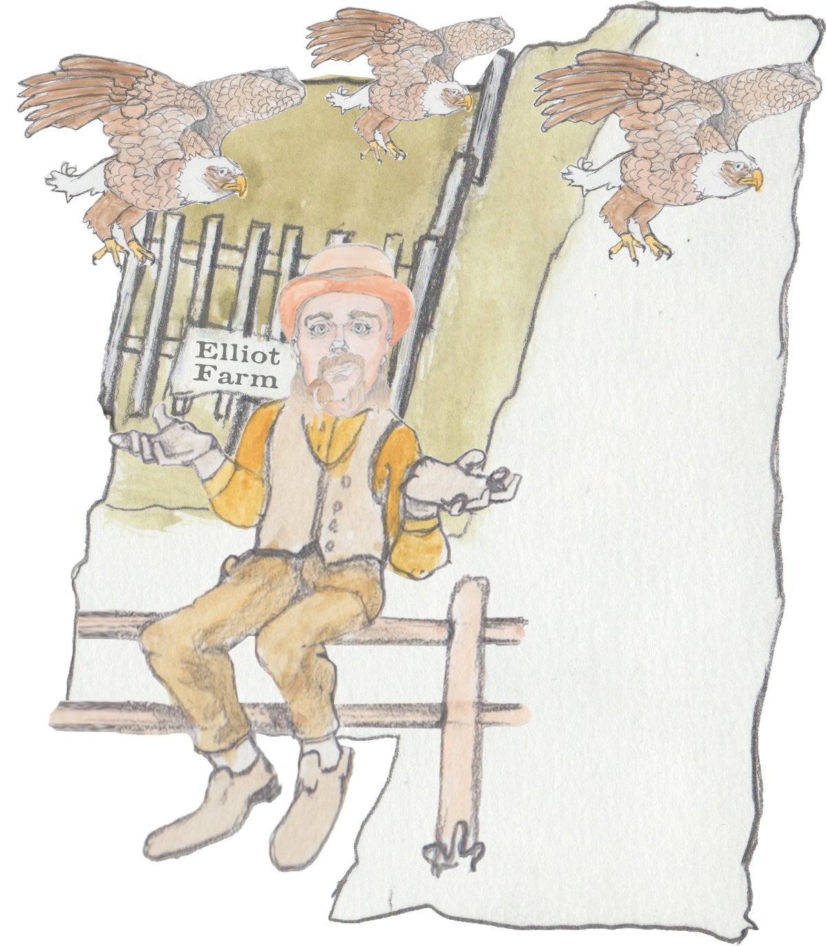 Hulton sitting on the farm fence while three eagles fly overhead.