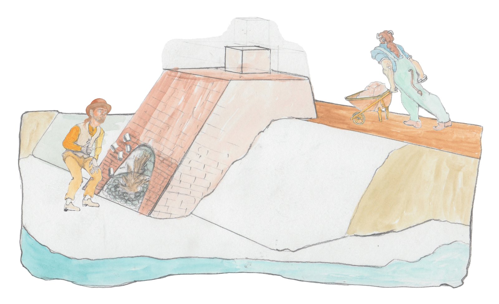 Hulton throwing salt into iron furnace with Gramps on the platform above pushing a wheelbarrow of bog iron into the top.