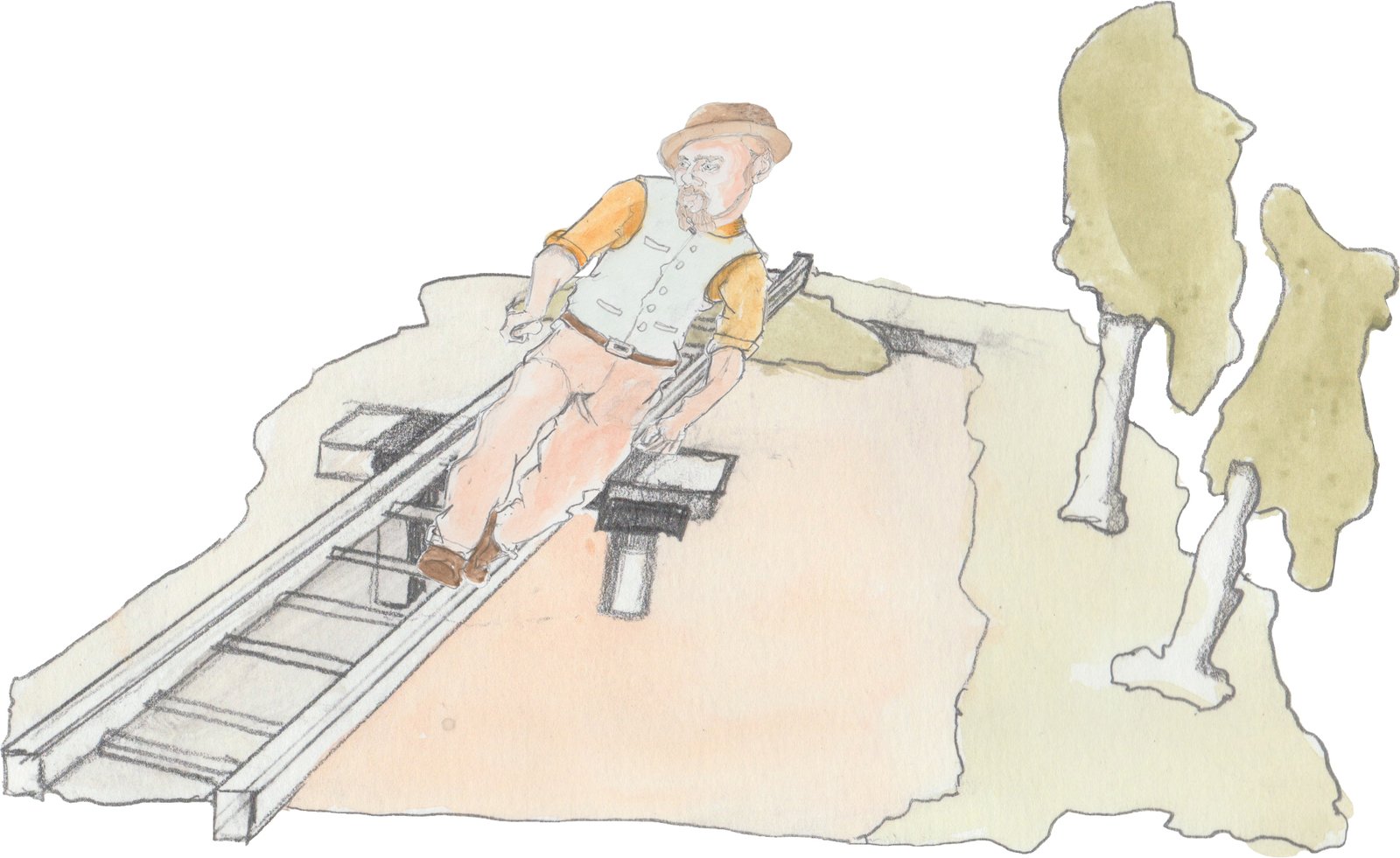 Hulton almost falling off narrow rail tracks into a crick.