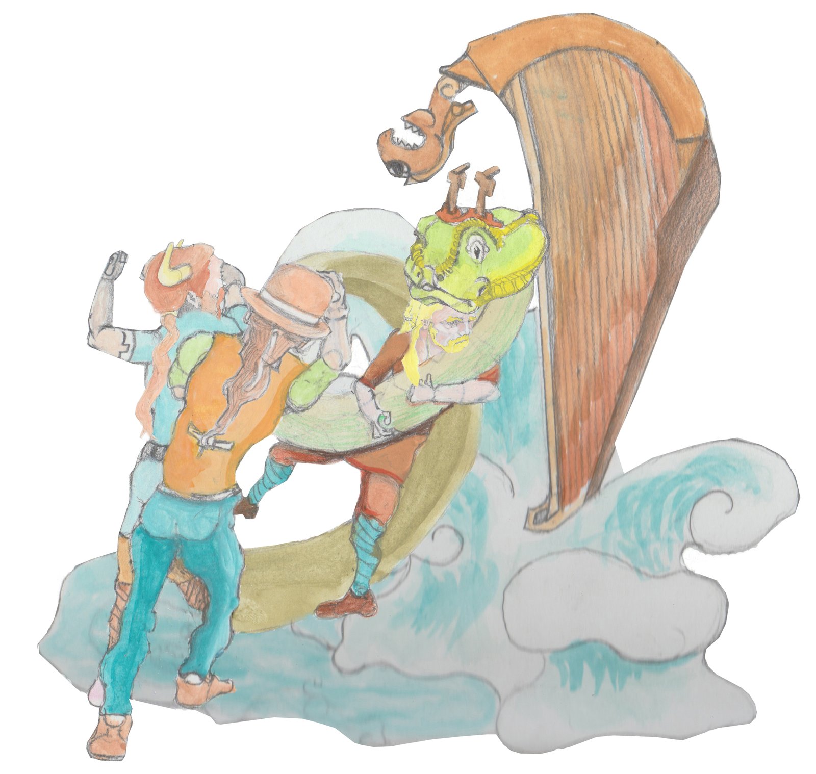 Bjorn and Hulton splashed from a Viking Sjhip exploding out of the water as a sea serpent wrestles with a Viking.