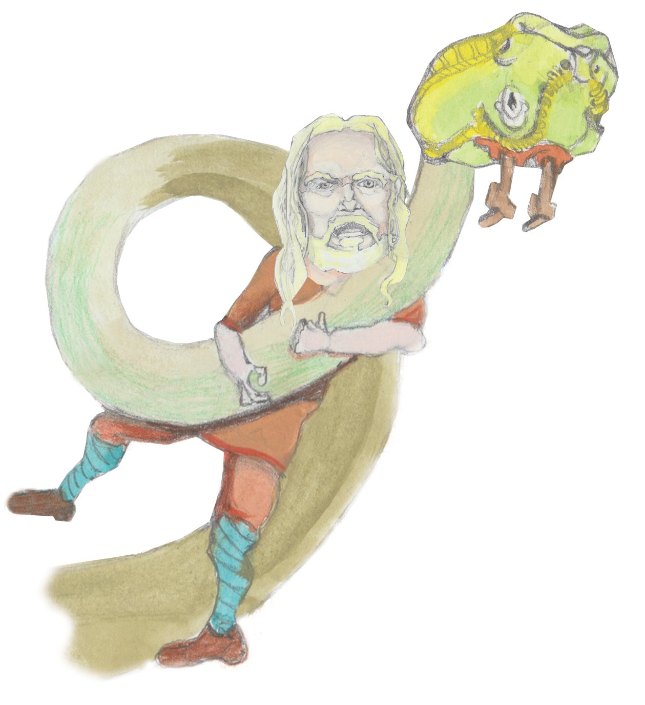 A viking wrestling a sea serpent and smiling.