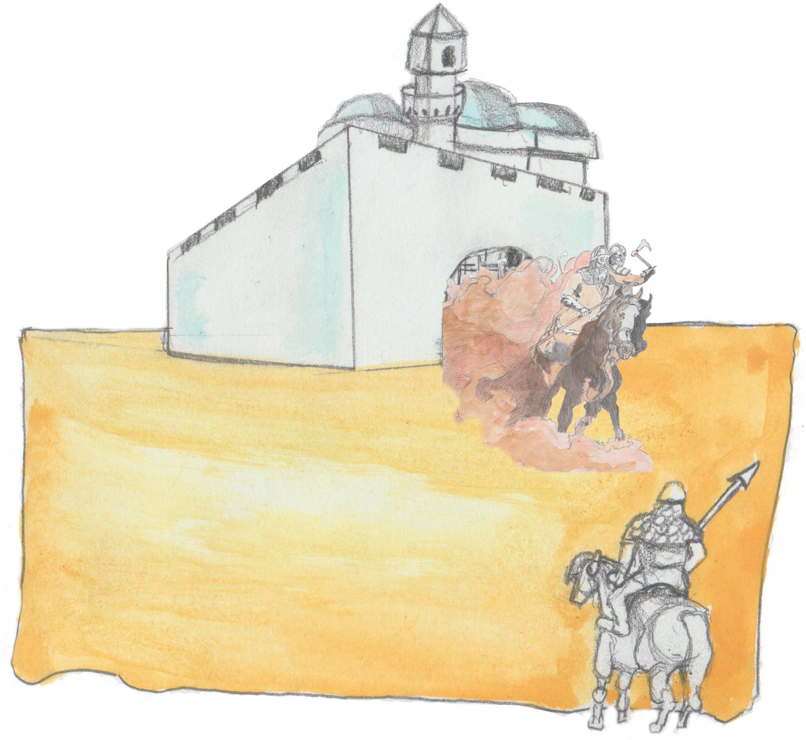 Turks beginning their charge out of citadel into the desert.