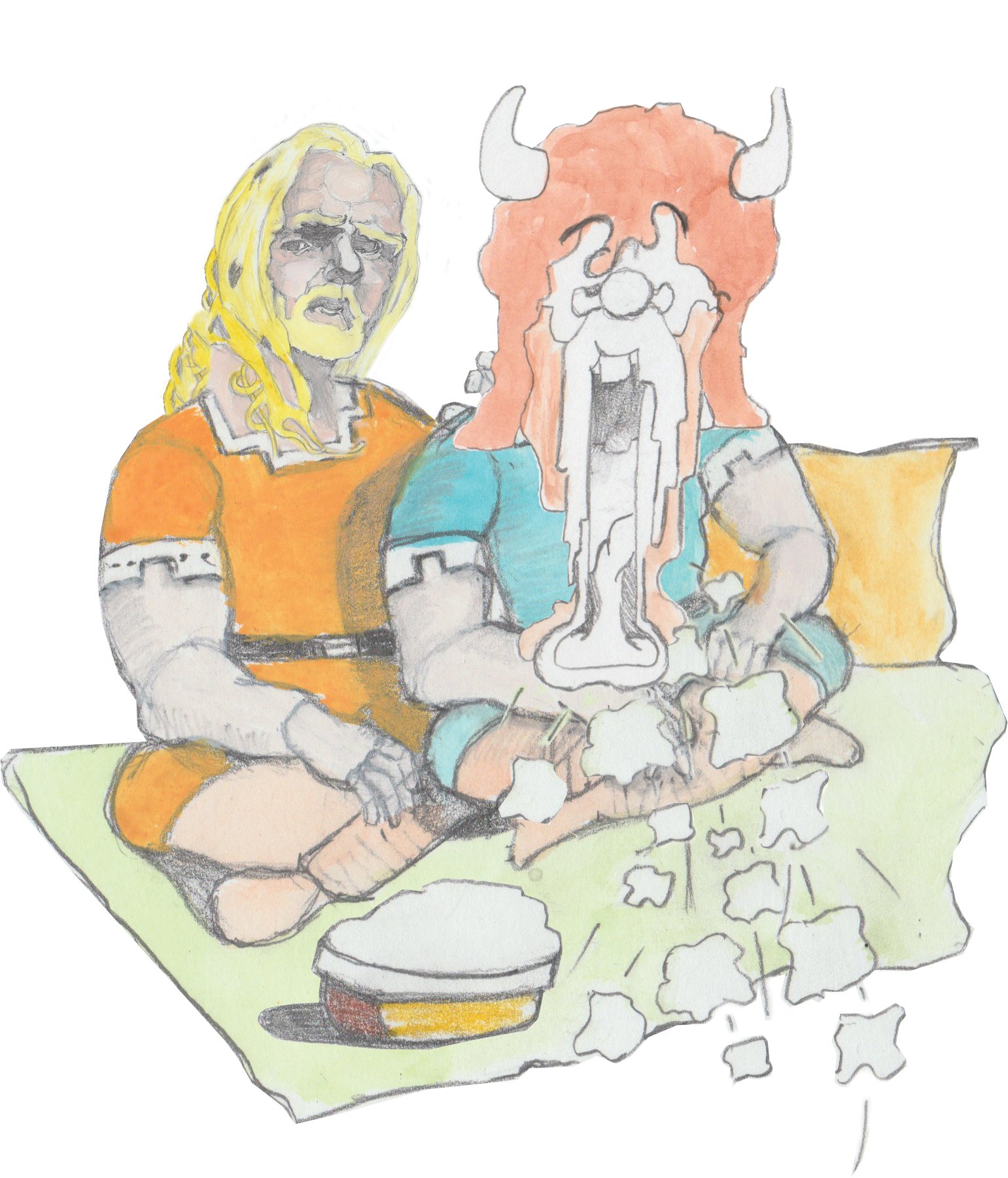 Sven slapping Bjorn on the back that spits out popcorn.