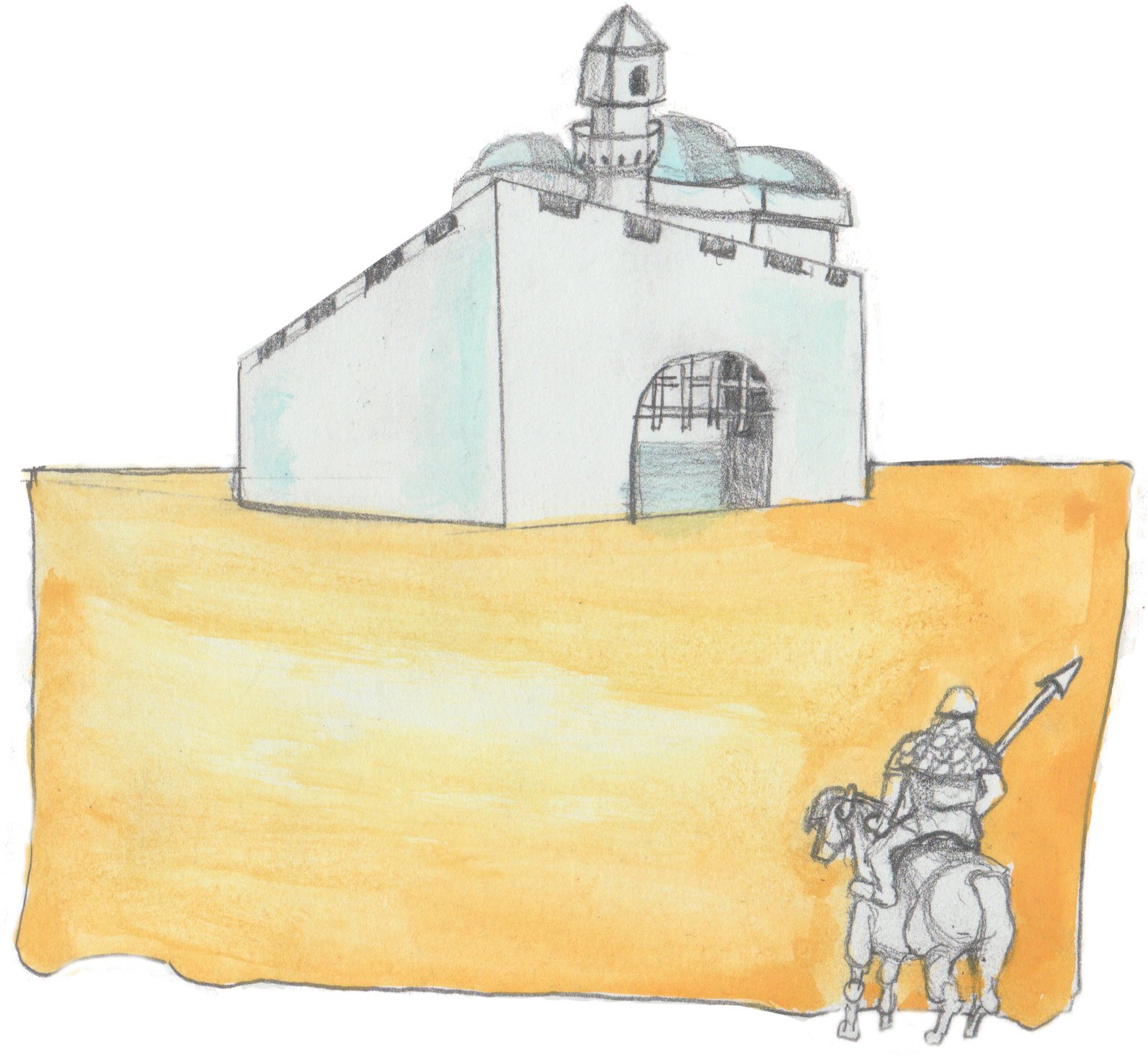 Seljuk Turk citadel with a desert and a Frankish knight in the distance in the foreground.